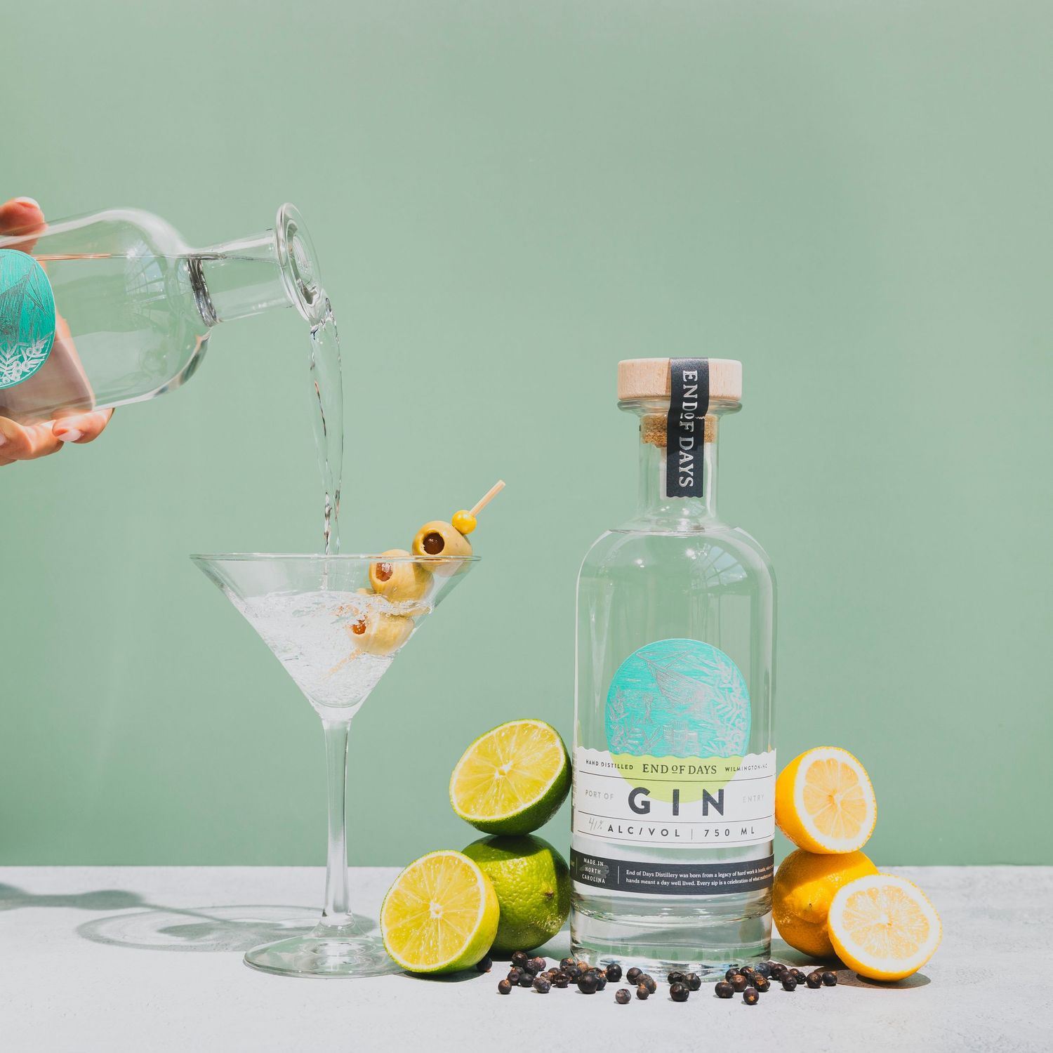 Cocktail ingredients and glassware arranged on mint green background with citrus and gin bottle.