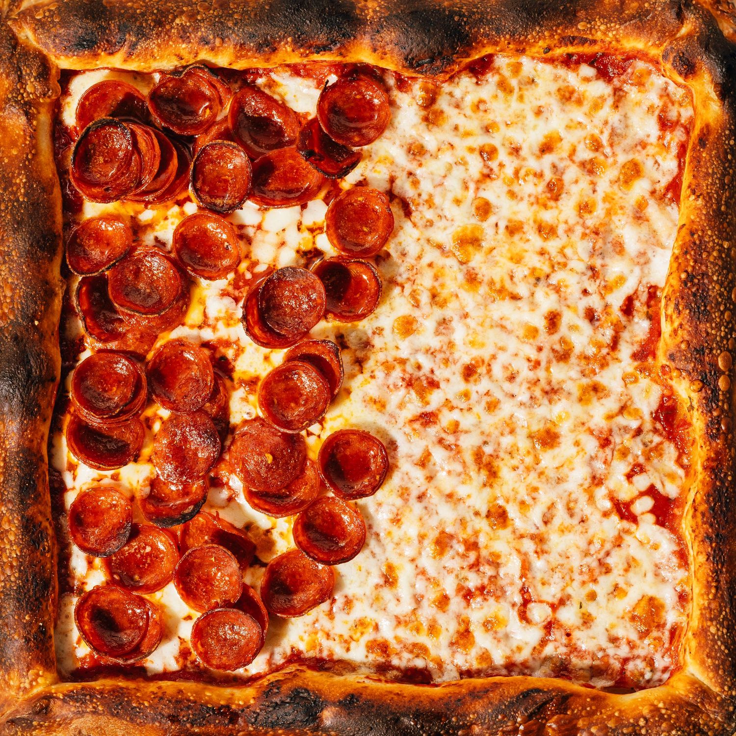 Wood-fired pepperoni pizza with melted cheese and crispy crust shown in sequential cooking stages.