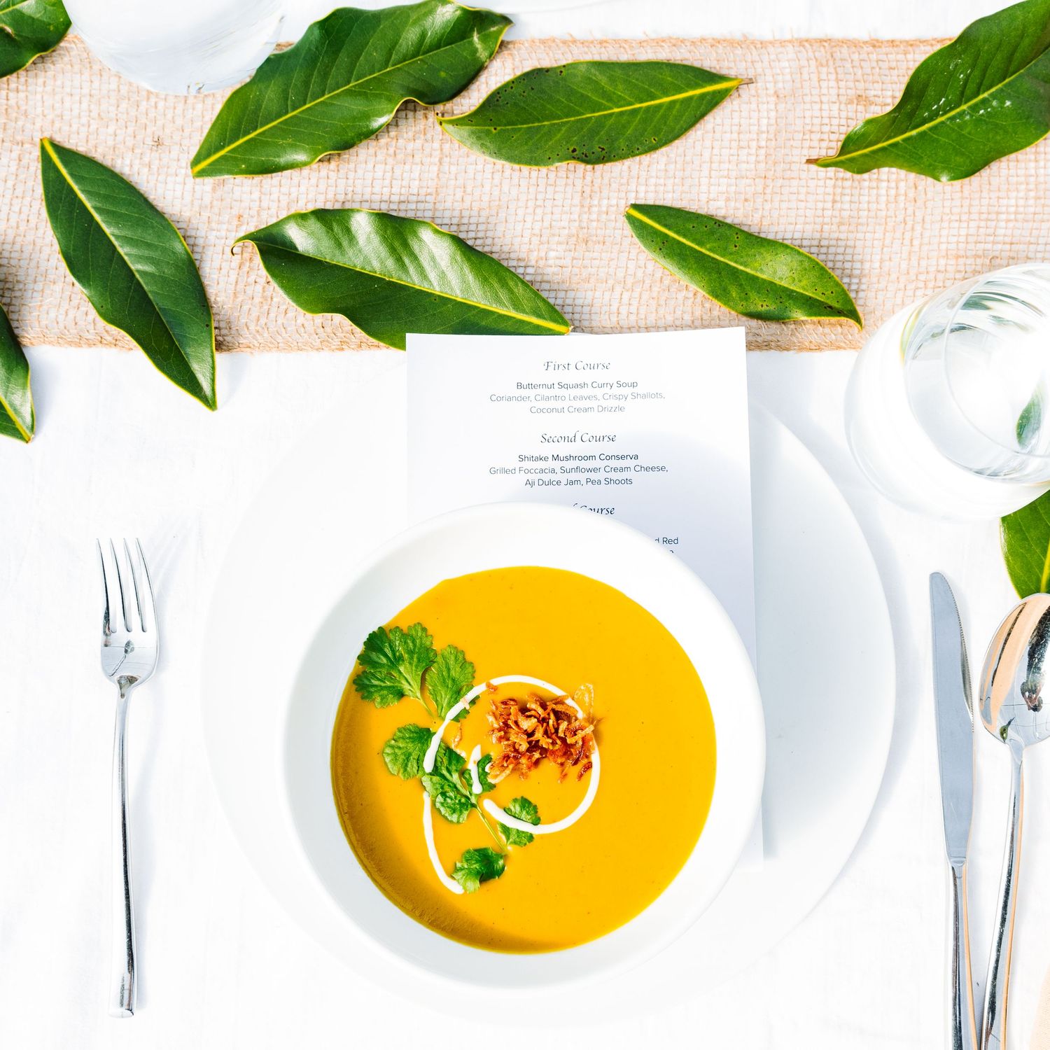 Elegant plating of butternut squash soup garnished with fresh herbs and edible flowers.