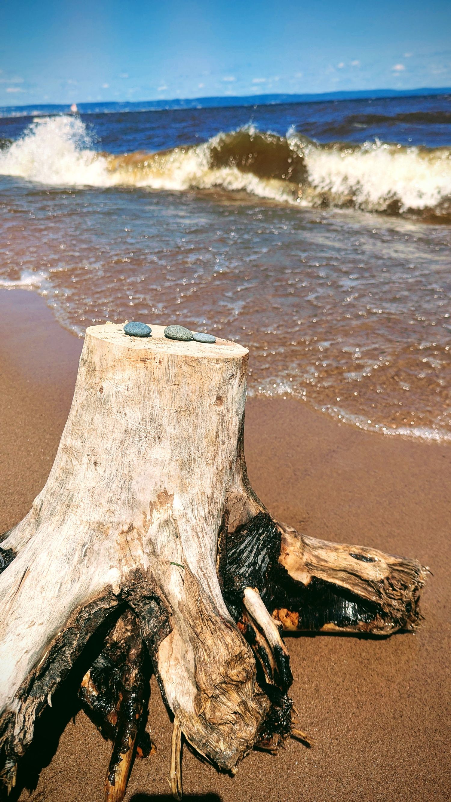 Driftwood stump with three rocks on it with waves from Lake Superior in background