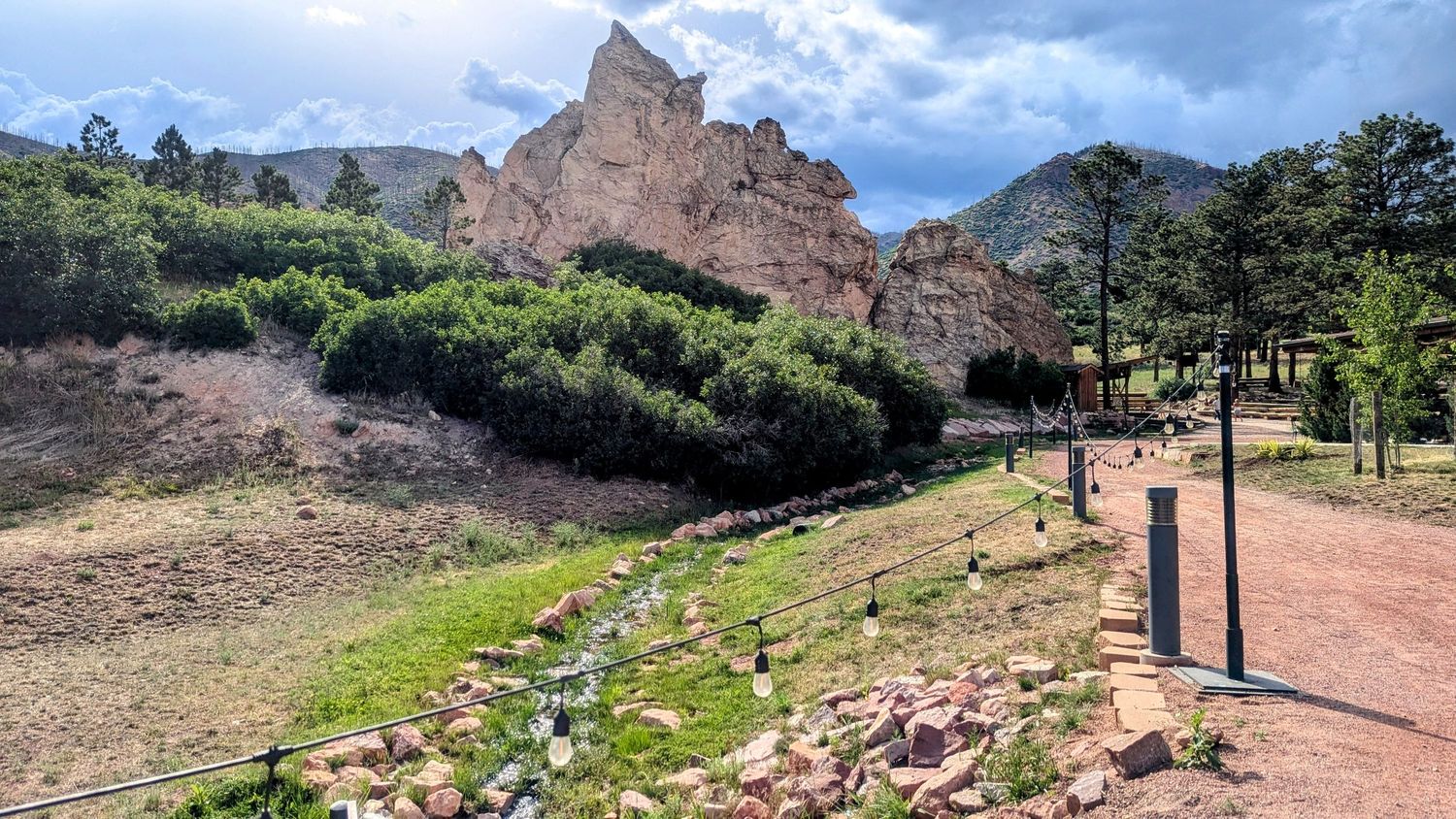 lighted path and red rocks at Flying W Ranch in Colorado Springs