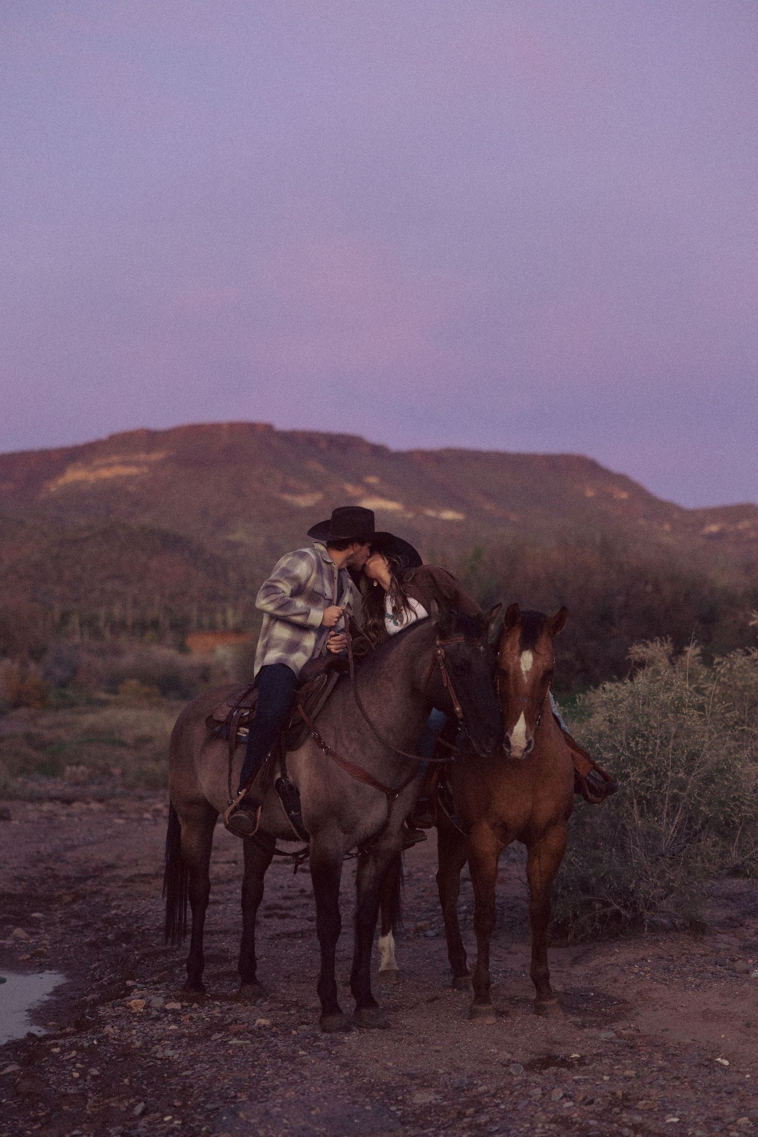 Two riders stand with their horses against a purple twilight sky in a desert landscape.