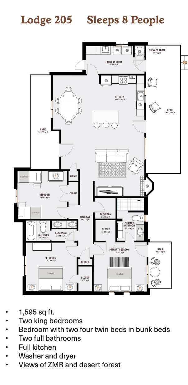 Floor plan of Lodge 205, a 1,595 sq ft vacation rental sleeping 8 with 2 king bedrooms, bunk beds, 2 bathrooms, and full kitchen.