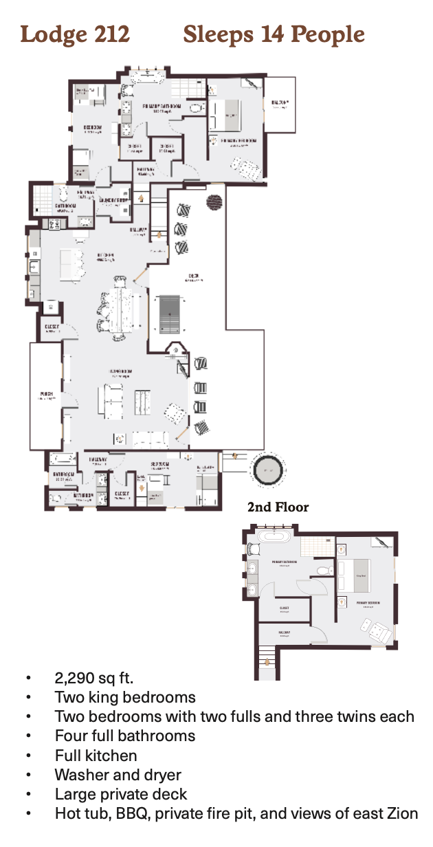 Floor plan of Lodge 212, a 2290 sq ft vacation rental sleeping 14 with 4 bedrooms, 4 bathrooms, and private deck.
