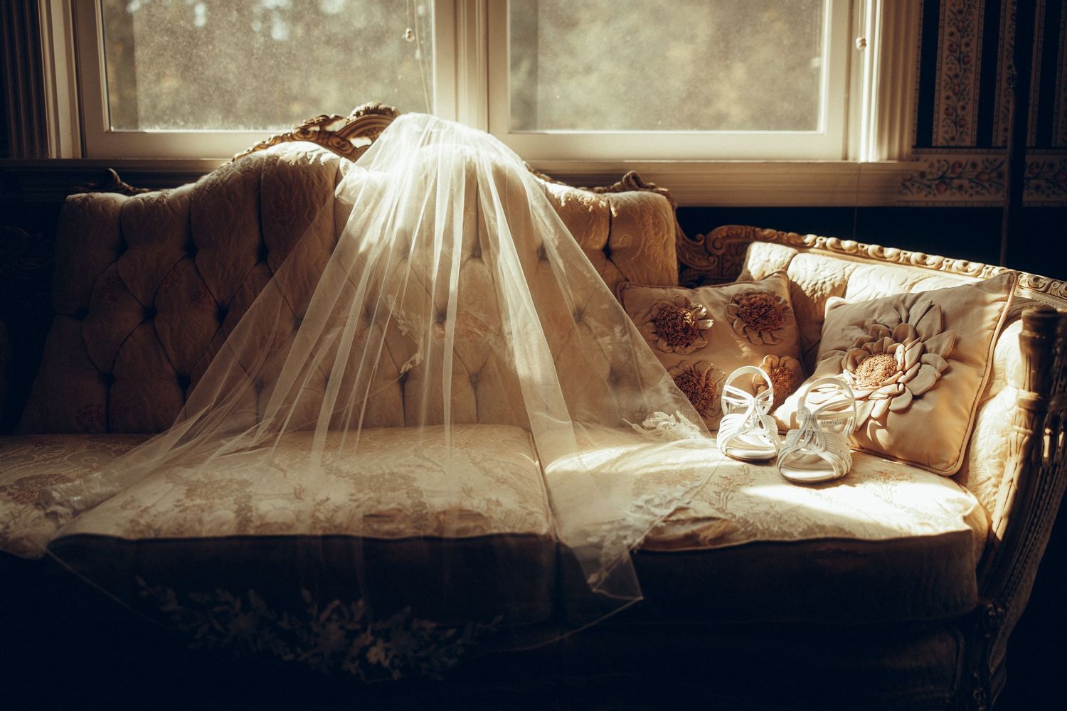 Vintage-style photos of an elegant chaise lounge by a sunlit window.