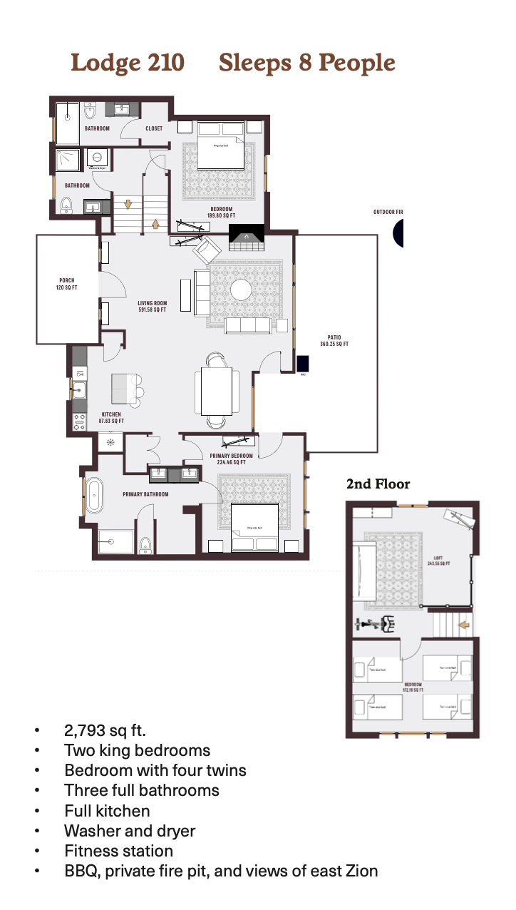 Floor plan of Lodge 210, a 2,793 sq ft vacation rental sleeping 8 with 2 king bedrooms, twin bedroom, 3 bathrooms, and full kitchen.