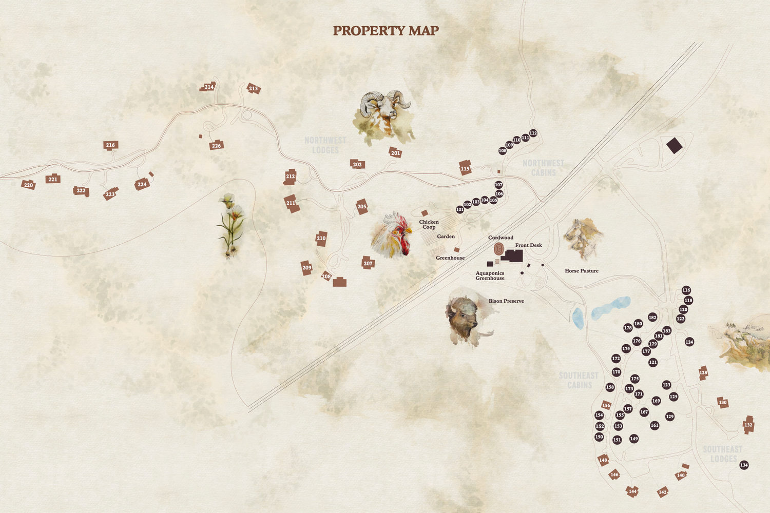 Vintage-style property map illustration showing land layout with decorative icons and markers on aged parchment background.