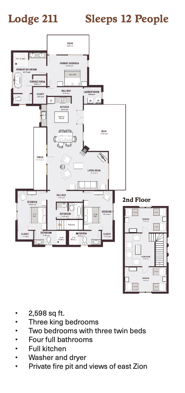 Floor plan of Lodge 211, a 2598 sq ft vacation rental sleeping 12, featuring 5 bedrooms, 4 bathrooms, and full kitchen.