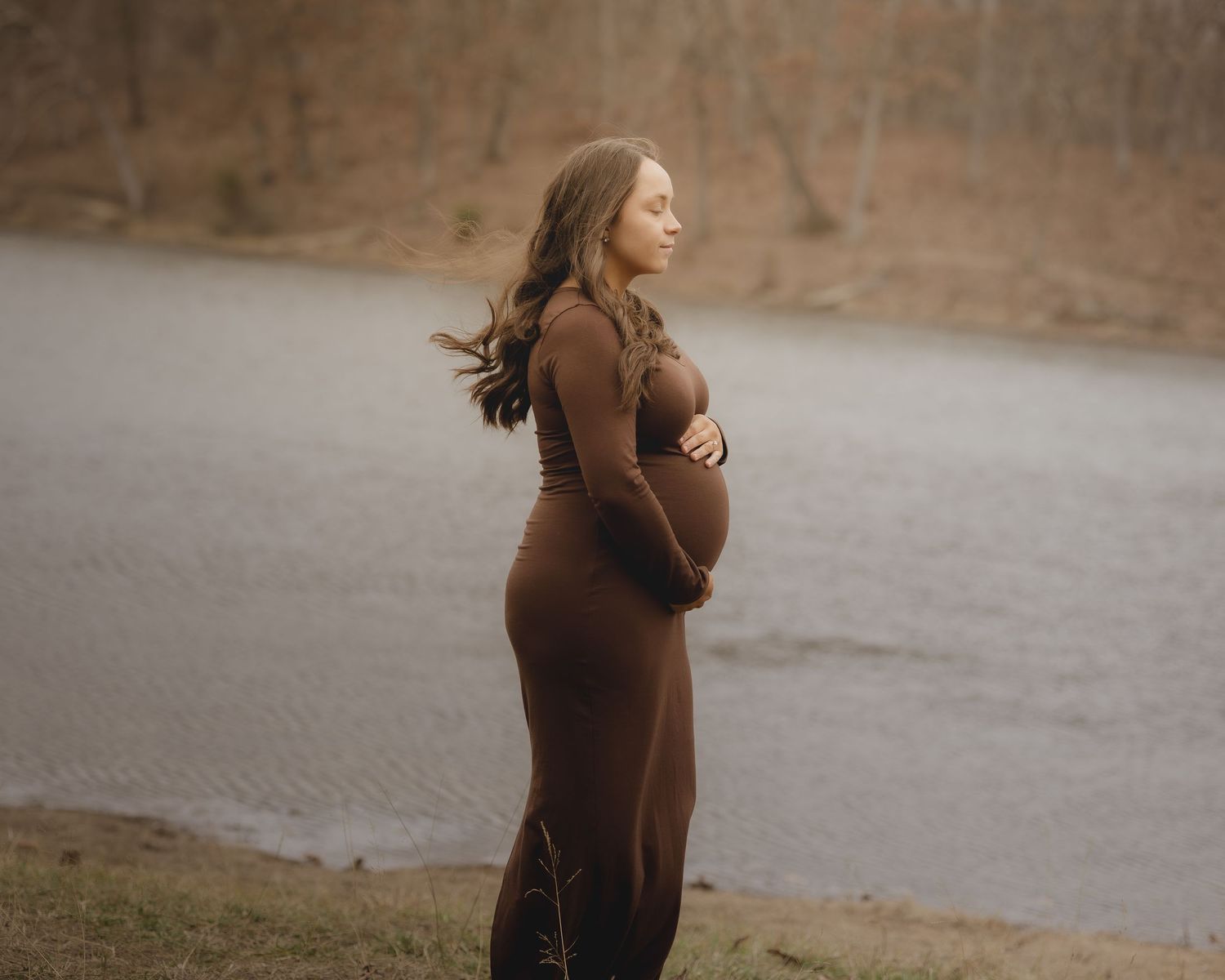 A series of artistic maternity photos showing a woman in a brown dress against a natural outdoor backdrop.