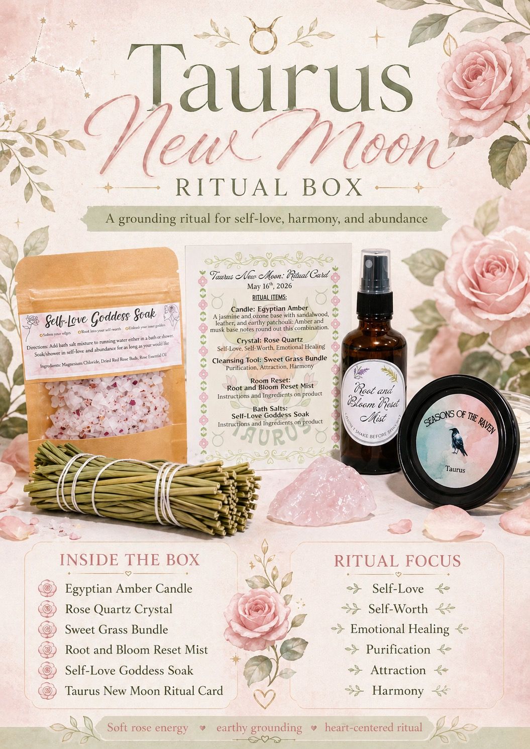 Taurus New Moon Ritual Box with rose quartz crystal, Egyptian amber candle, sweet grass bundle, and self-love goddess soak.