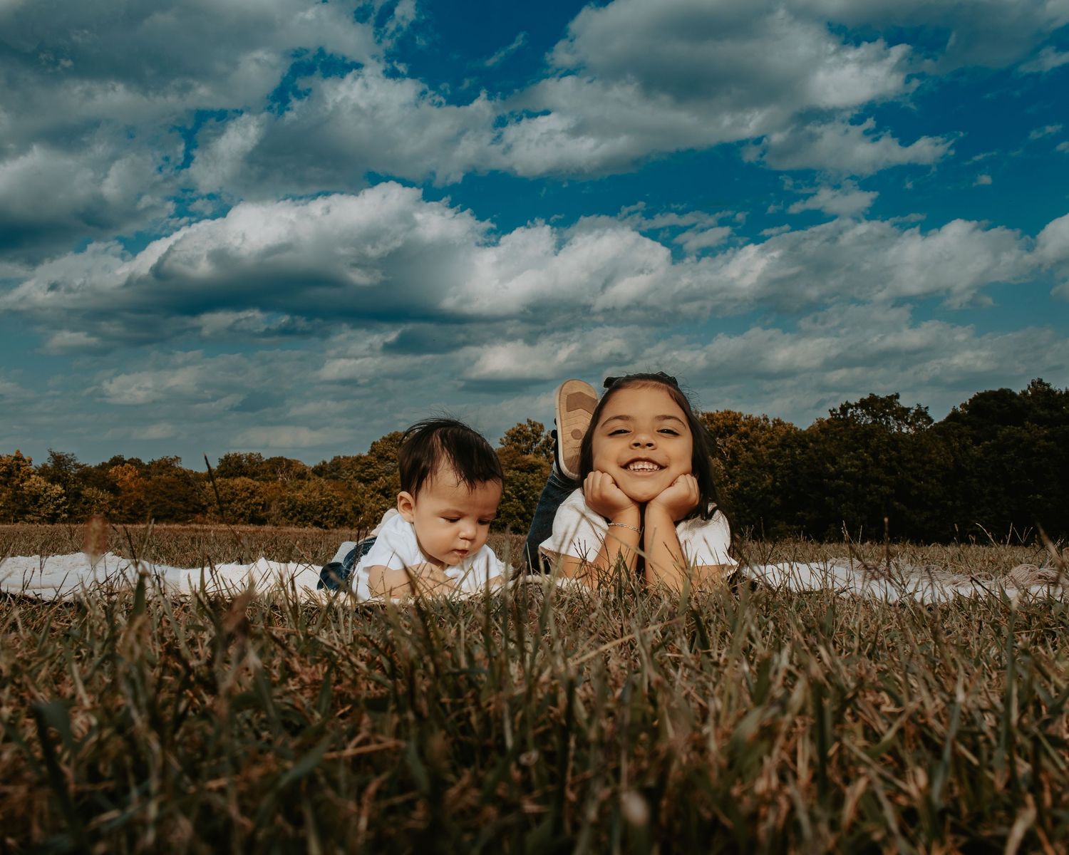 A panoramic sequence of people peeking above tall grass in a golden field under dramatic cloudy skies.