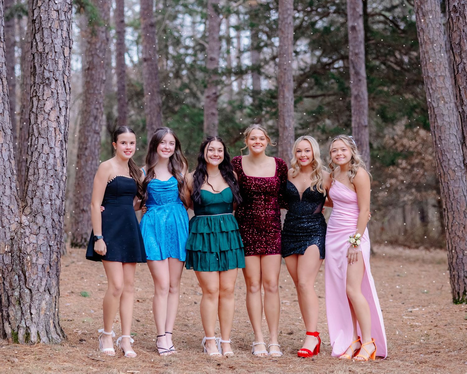 Group in colorful dance outfits posing together in a wooded setting with pine trees.