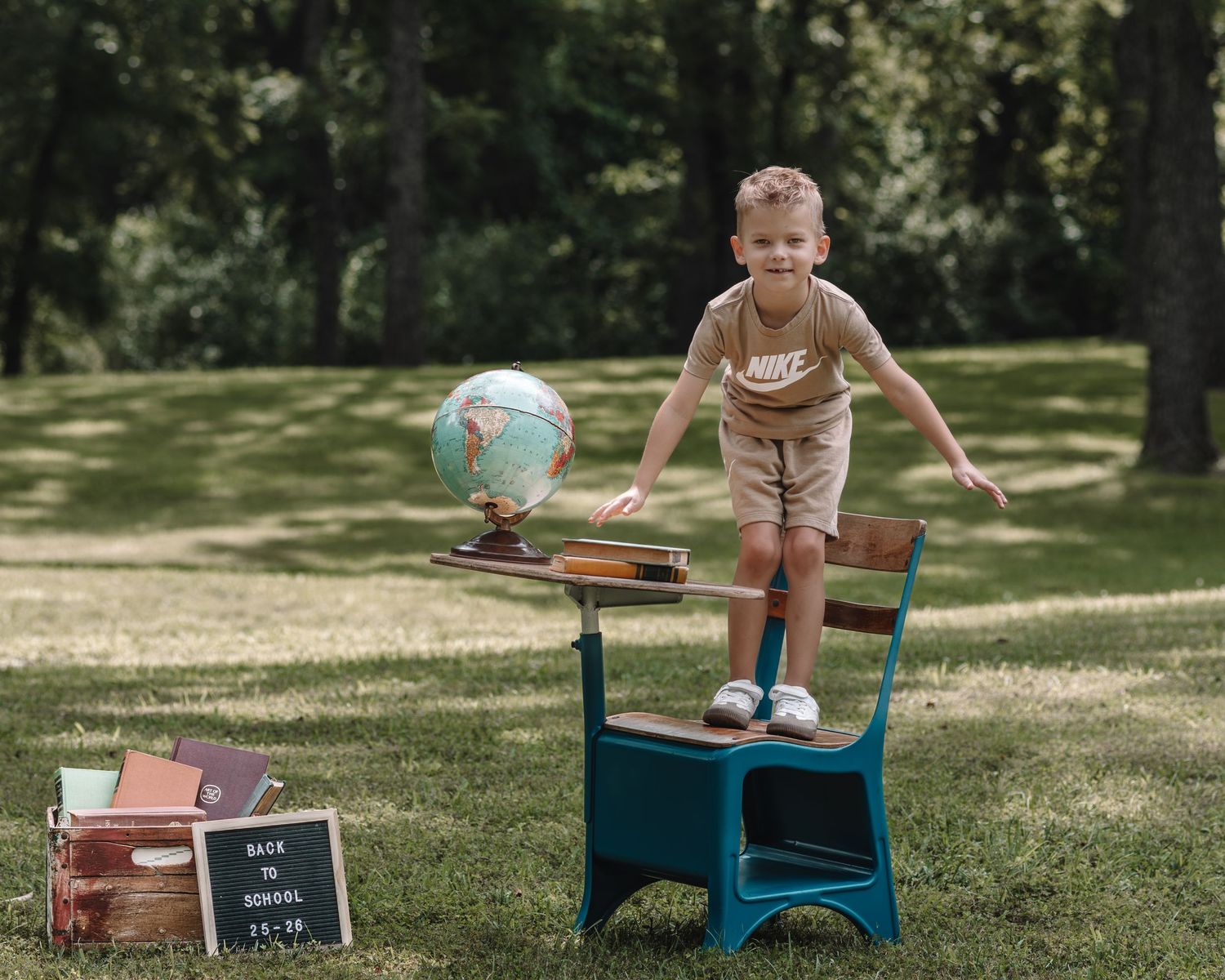 A collection of outdoor scenes featuring a bright turquoise chair and wooden bench arranged on sunlit grass.