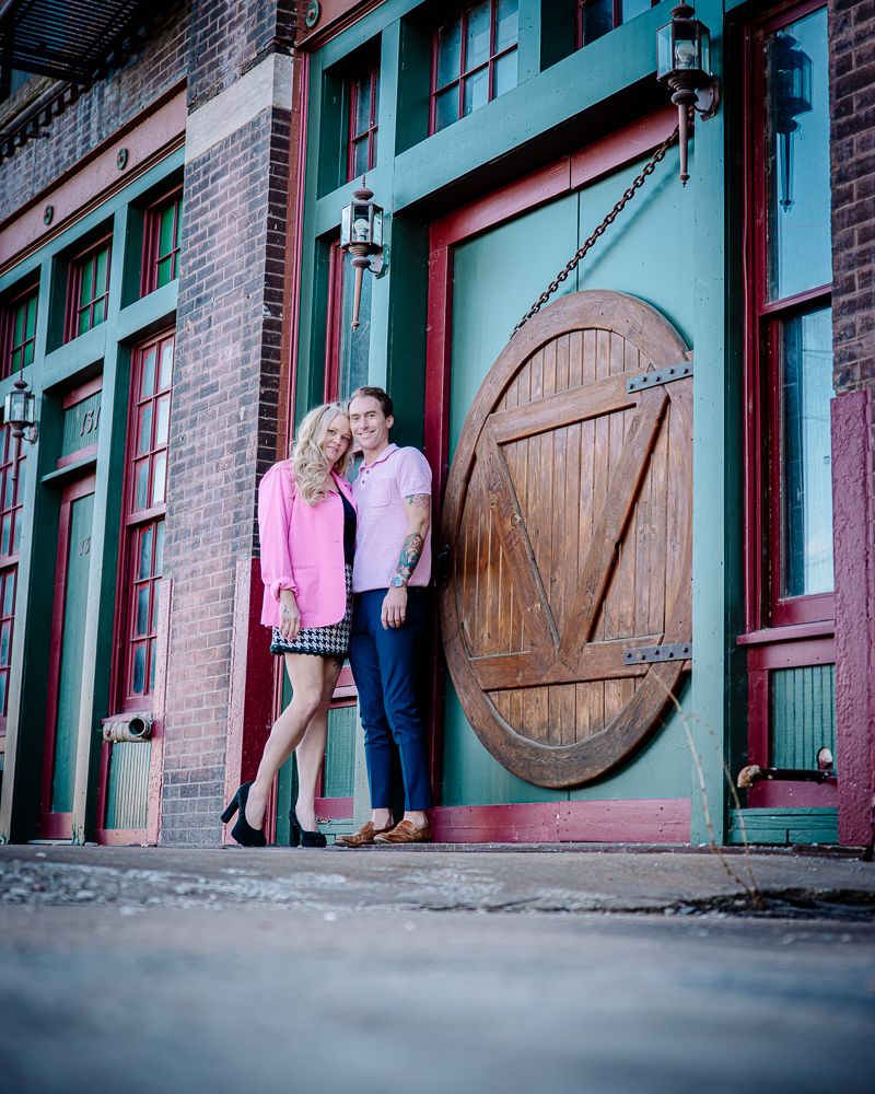 Romantic photo sequence against turquoise and brick walls with vintage wooden doors.