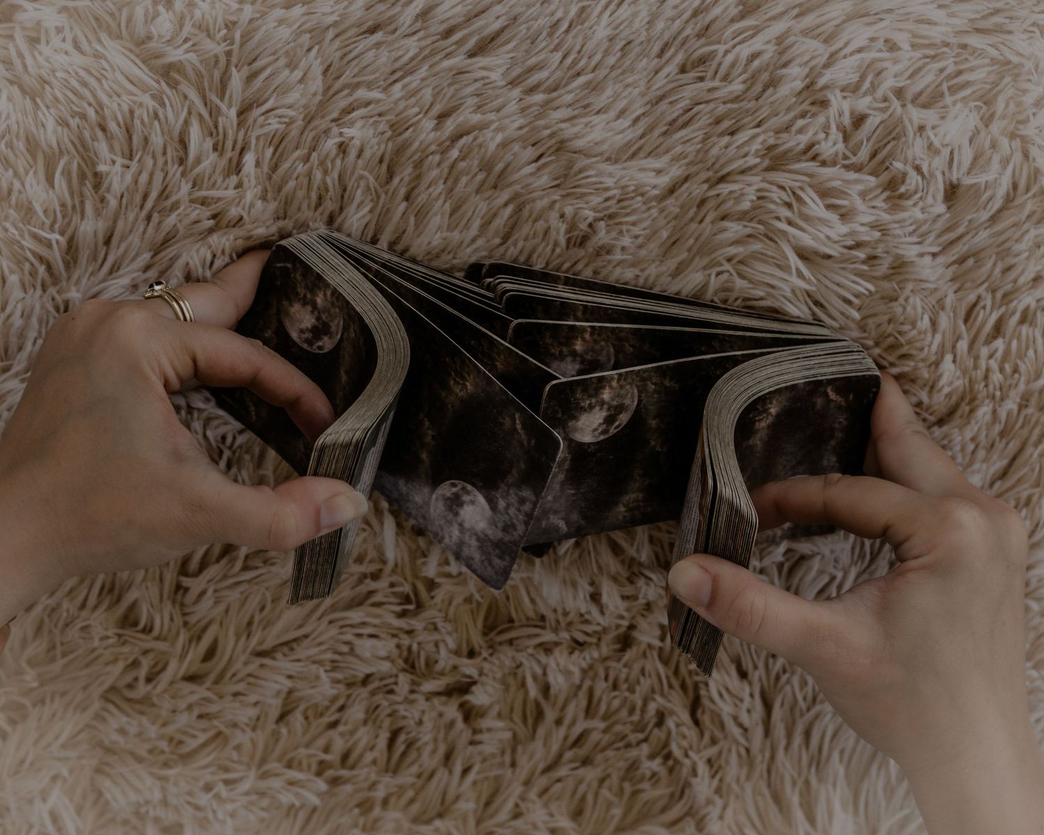 Hands gently petting a fluffy brown cat lying on a plush white carpet.