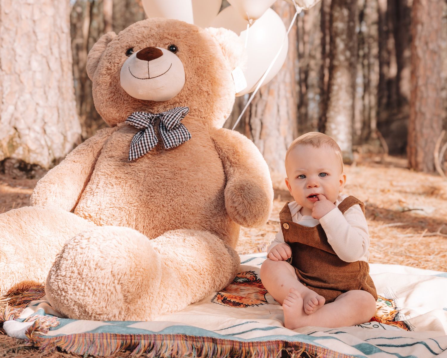 A large plush teddy bear with a checkered bow sits on a blanket outdoors in a sepia-toned forest setting.