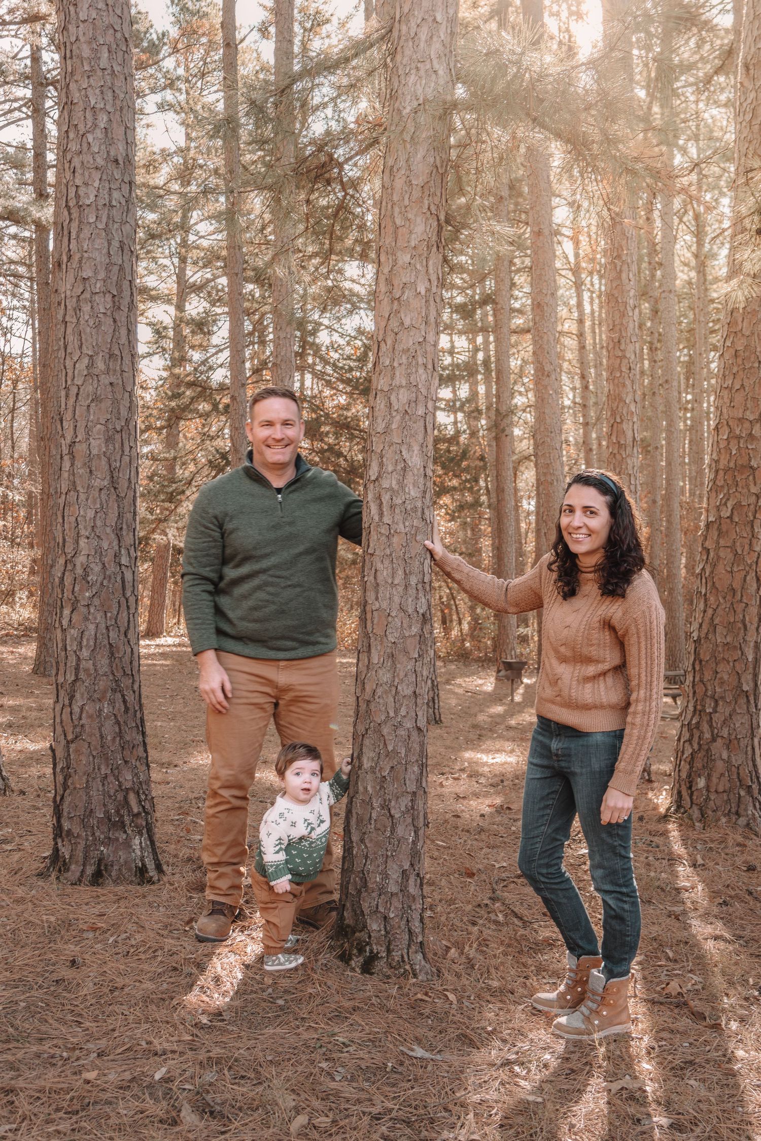 Playful sequence of photos showing a couple enjoying a fun moment together in a sunlit pine forest.