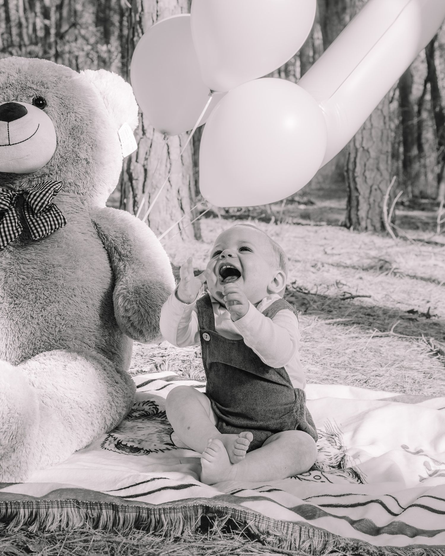 Black and white photo of a joyful moment with white balloons, a large teddy bear, and a blanket on the ground outdoors.