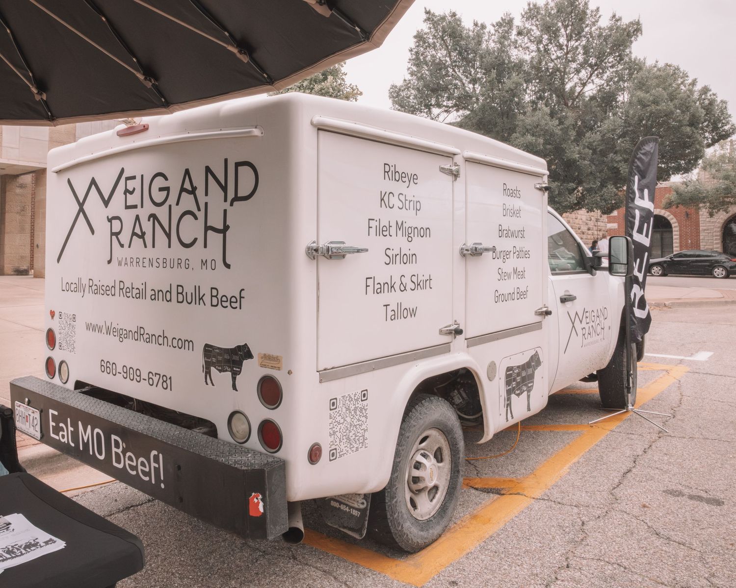 Weigand Ranch branded delivery truck advertising locally-raised retail and bulk beef for sale in Auxvasse, MO.