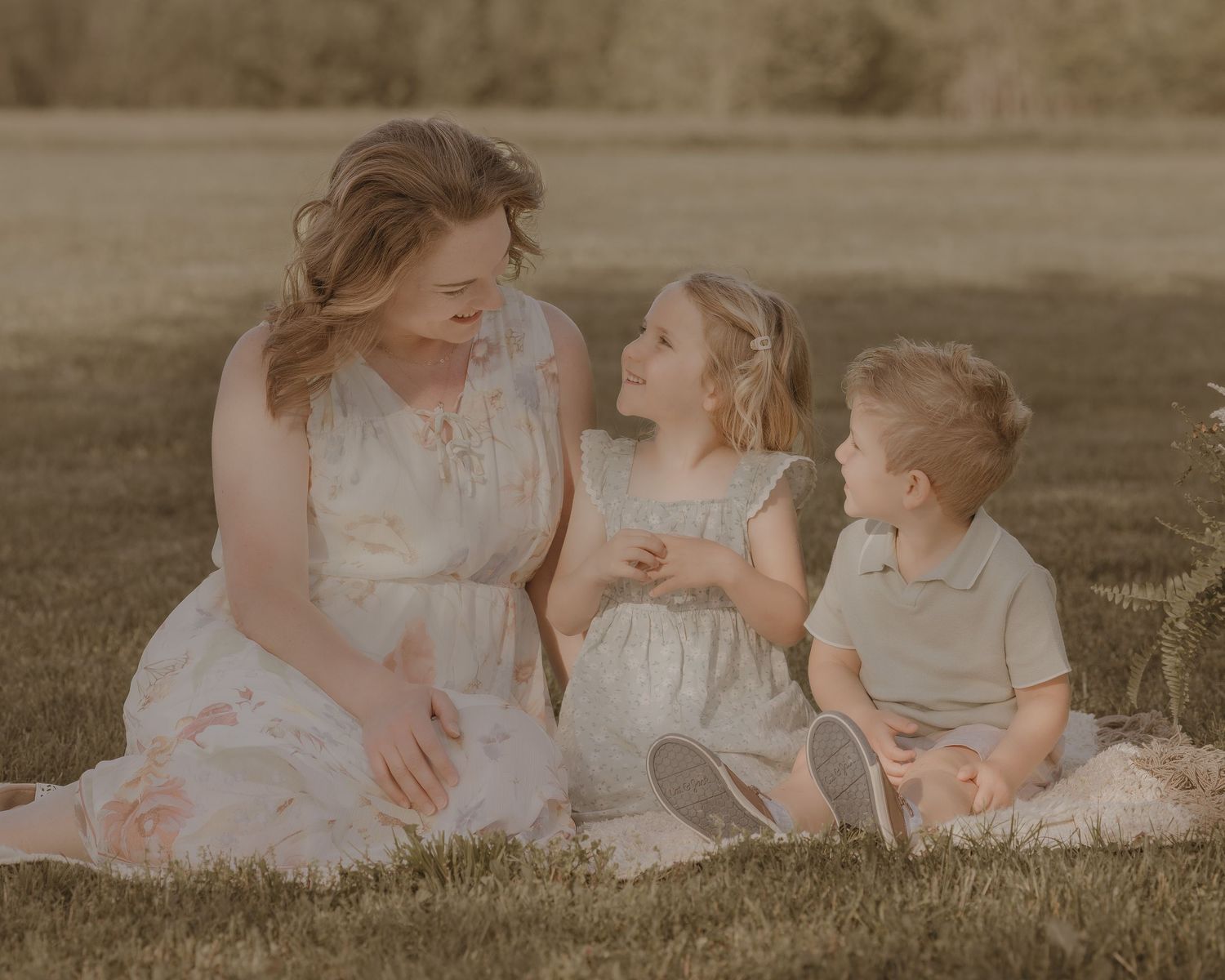 A mother and her two toddlers share a sweet moment sitting together on a blanket in a golden meadow.