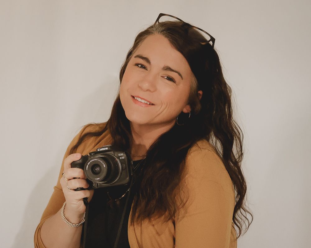 A photo collage shows someone posing with a camera and coffee cup in warm, natural lighting.