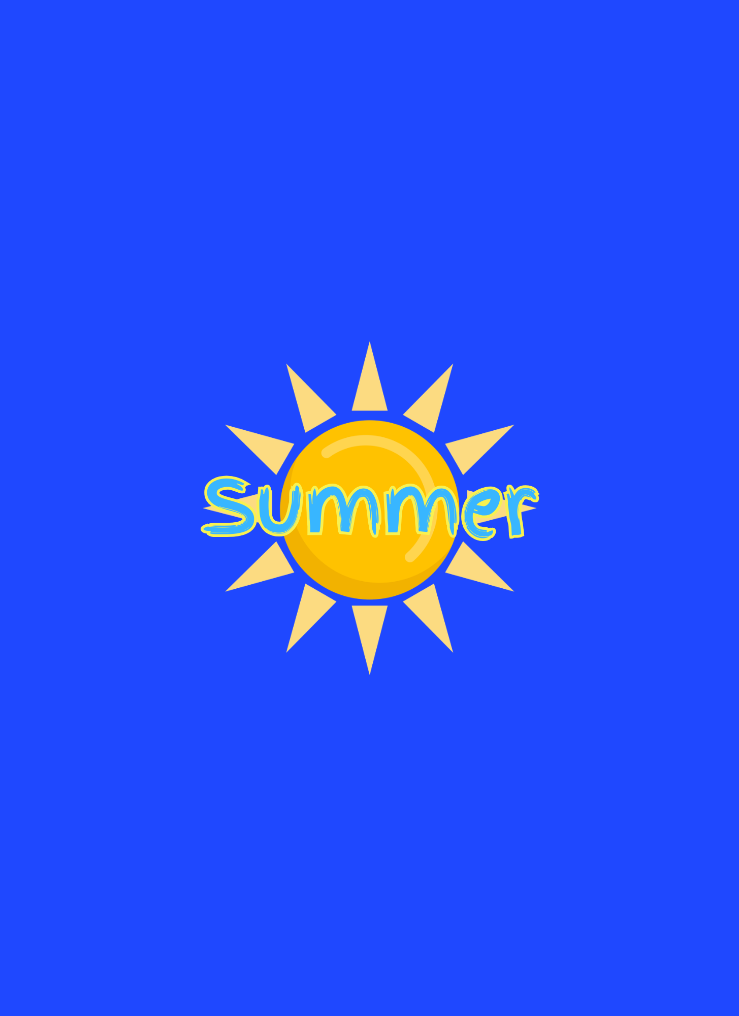 Yellow sun icon with pointy rays shines against bright blue background with summer text in playful typography.