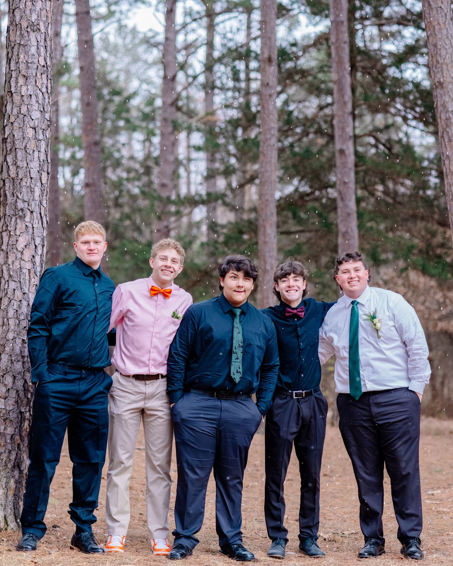 A group of people in formal attire arranged in a fun pose against a backdrop of tall pine trees in a forest.