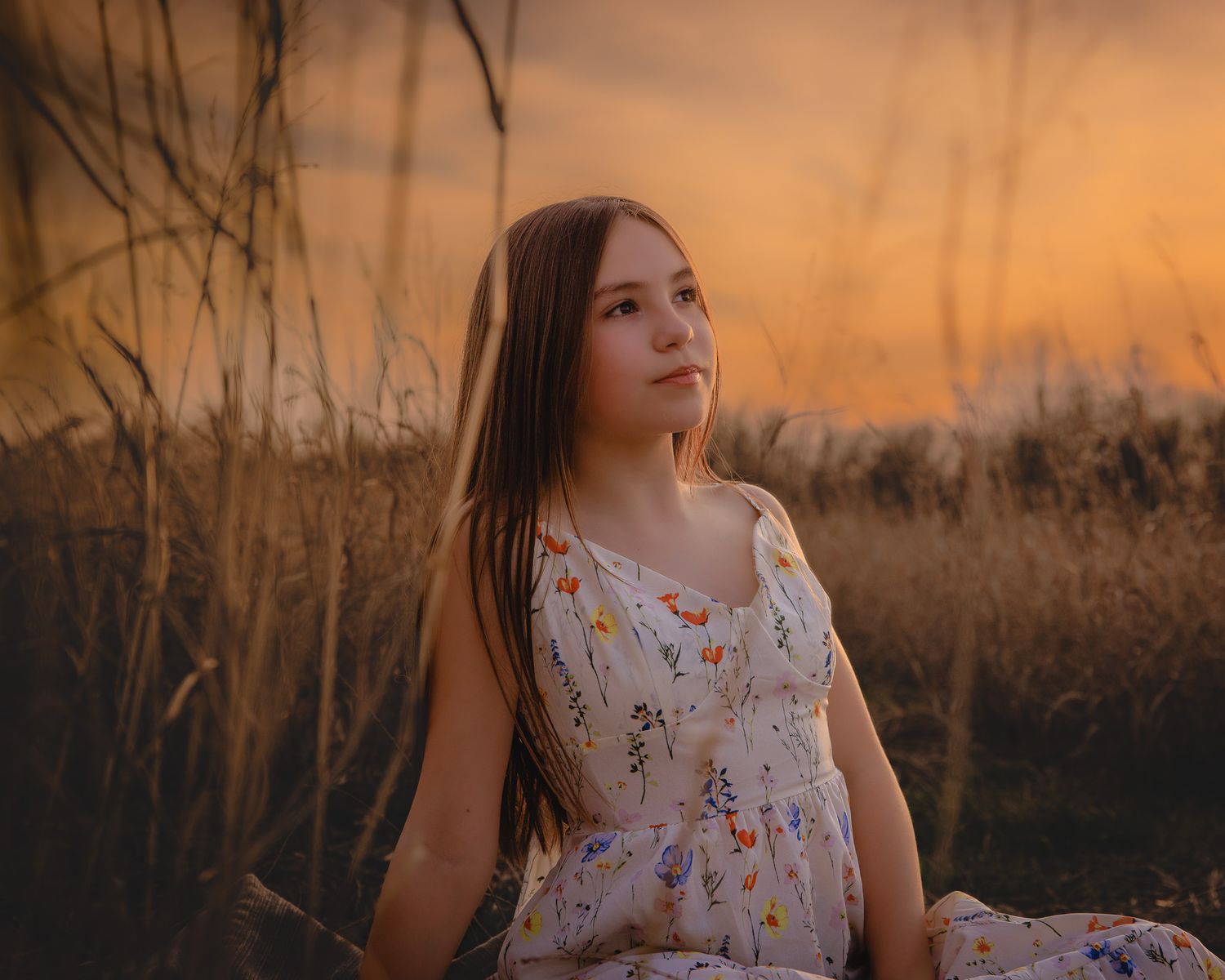 A person in a floral dress poses in a golden field at sunset while tall grass sways in the background.