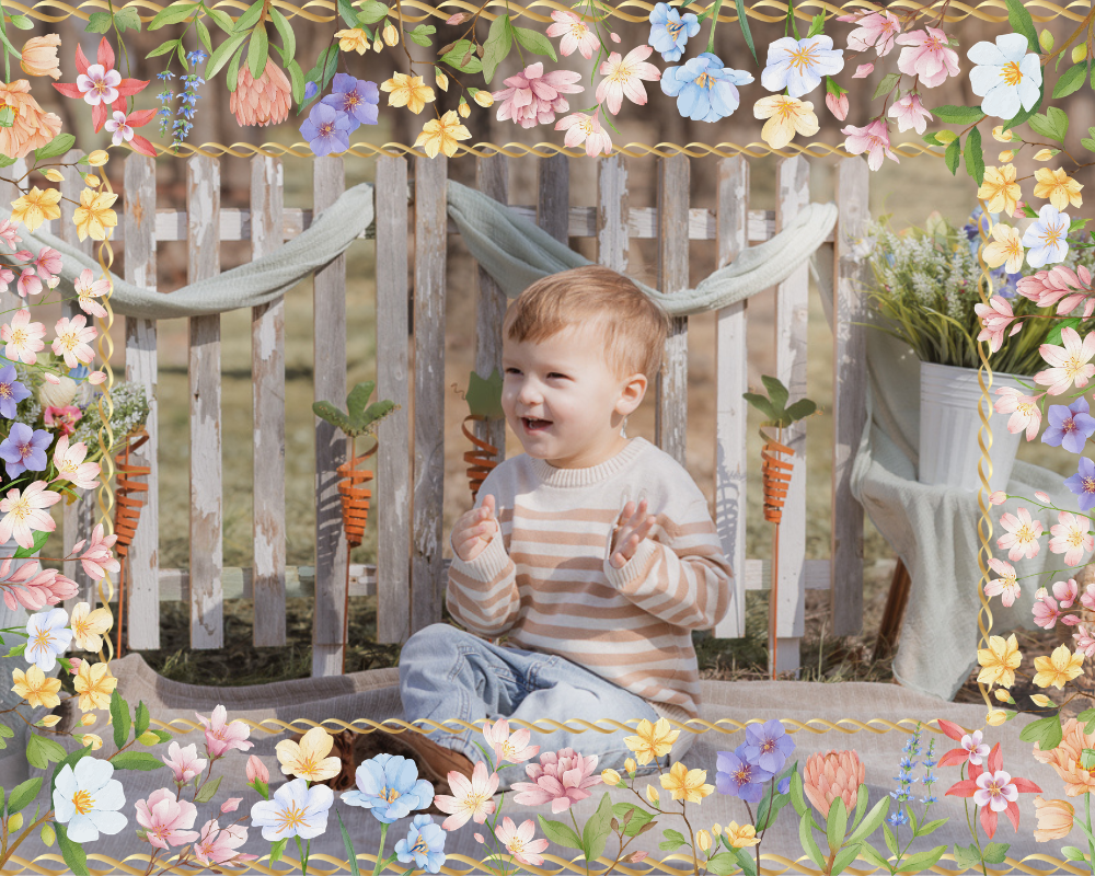 A series of candid outdoor photos showing joyful expressions and laughter against a rustic wooden fence with floral decorations.