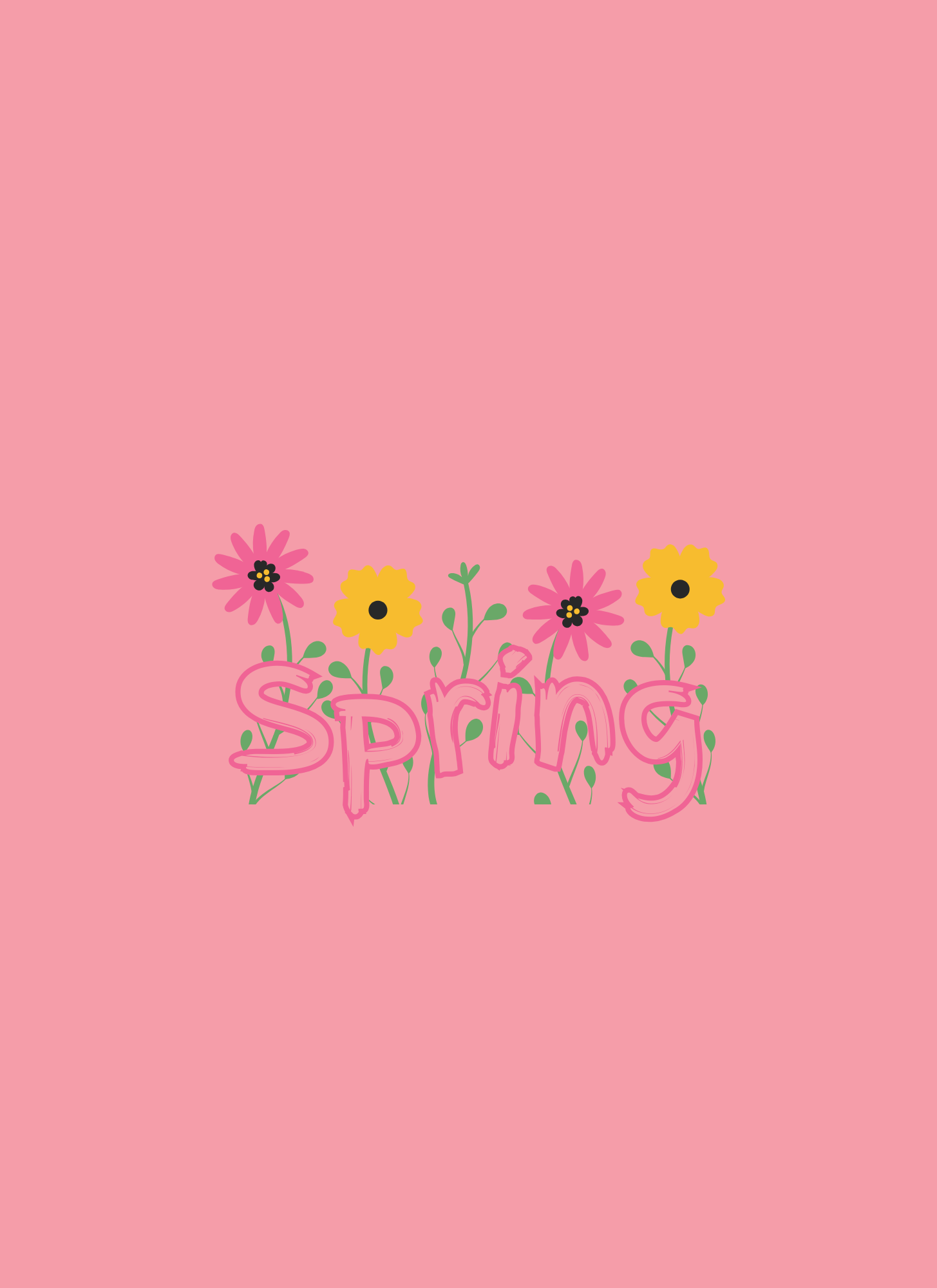 Pink background with decorative spring text and small floral illustrations in yellow and purple colors.