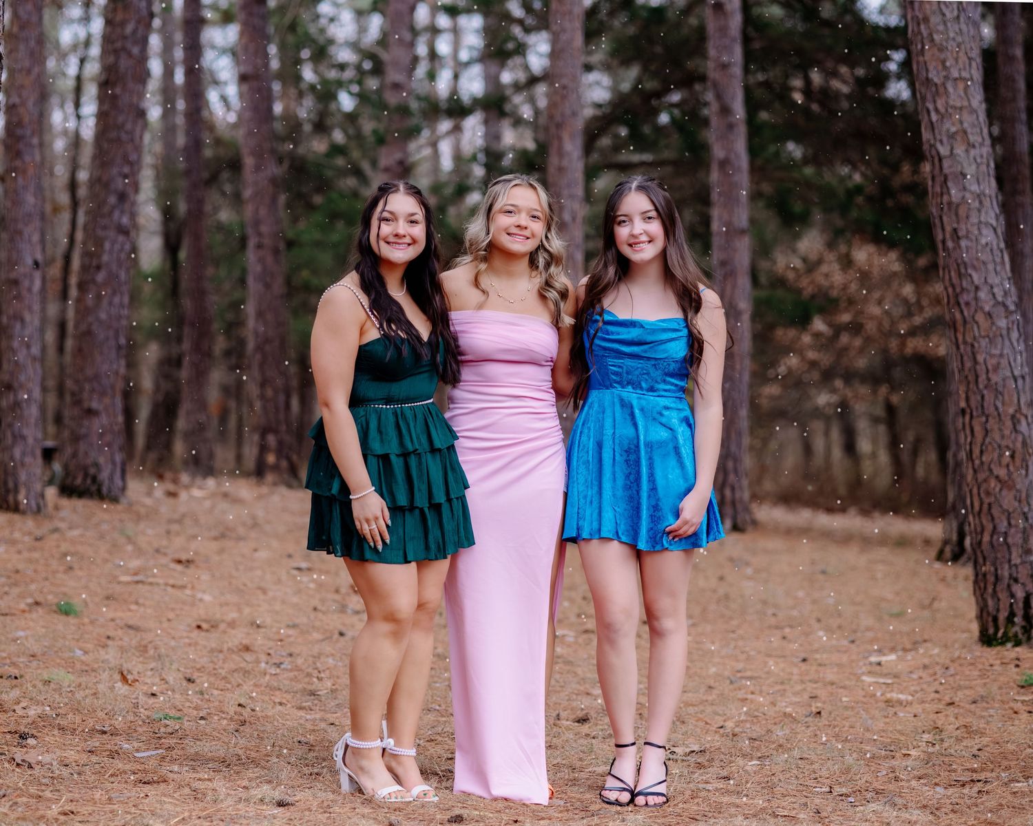 Dancers in colorful outfits standing together on pine needles in a forest clearing.