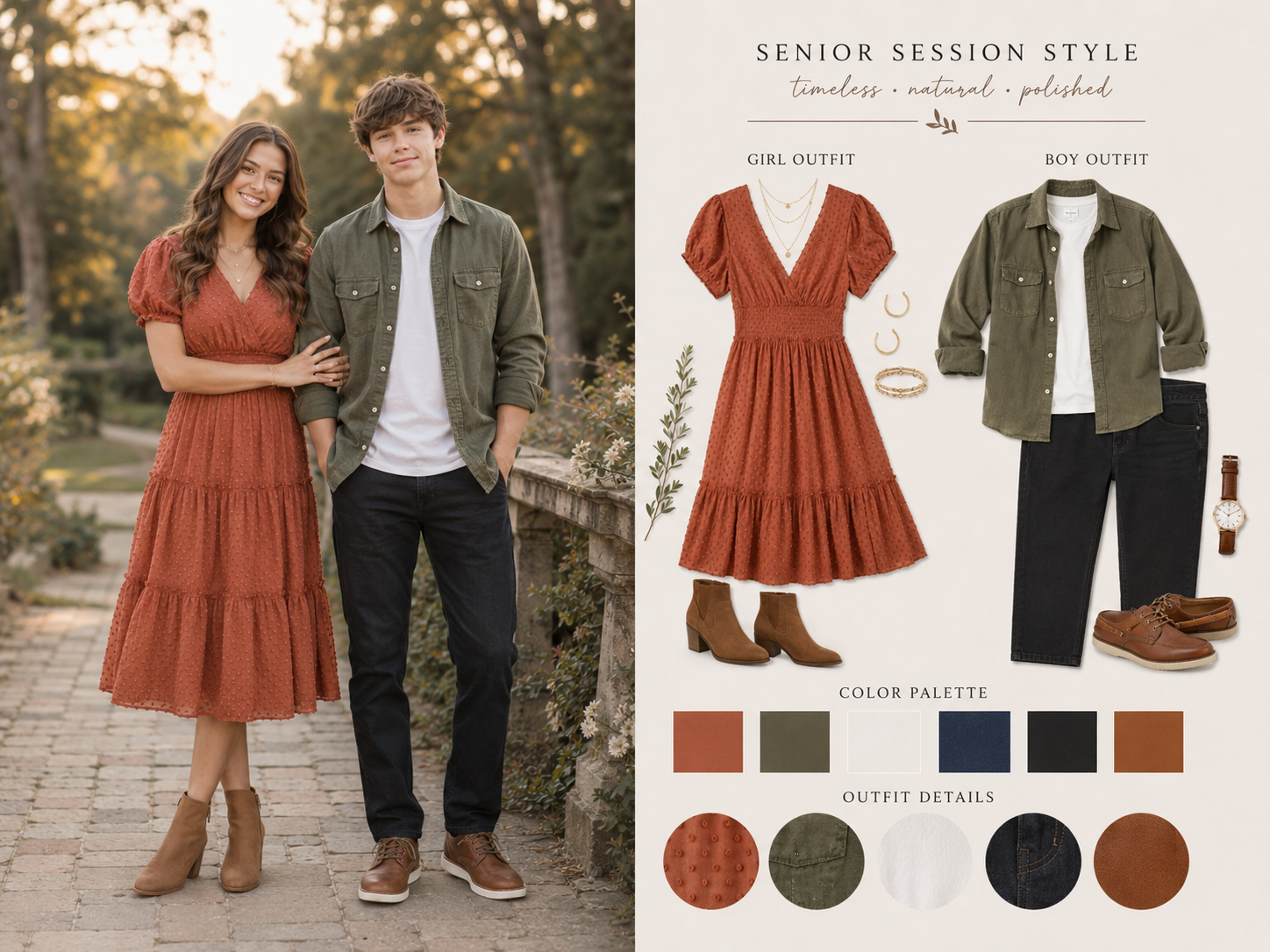 Senior photo session style guide showing a couple in coordinated rust and olive outfits with color palette and clothing details.