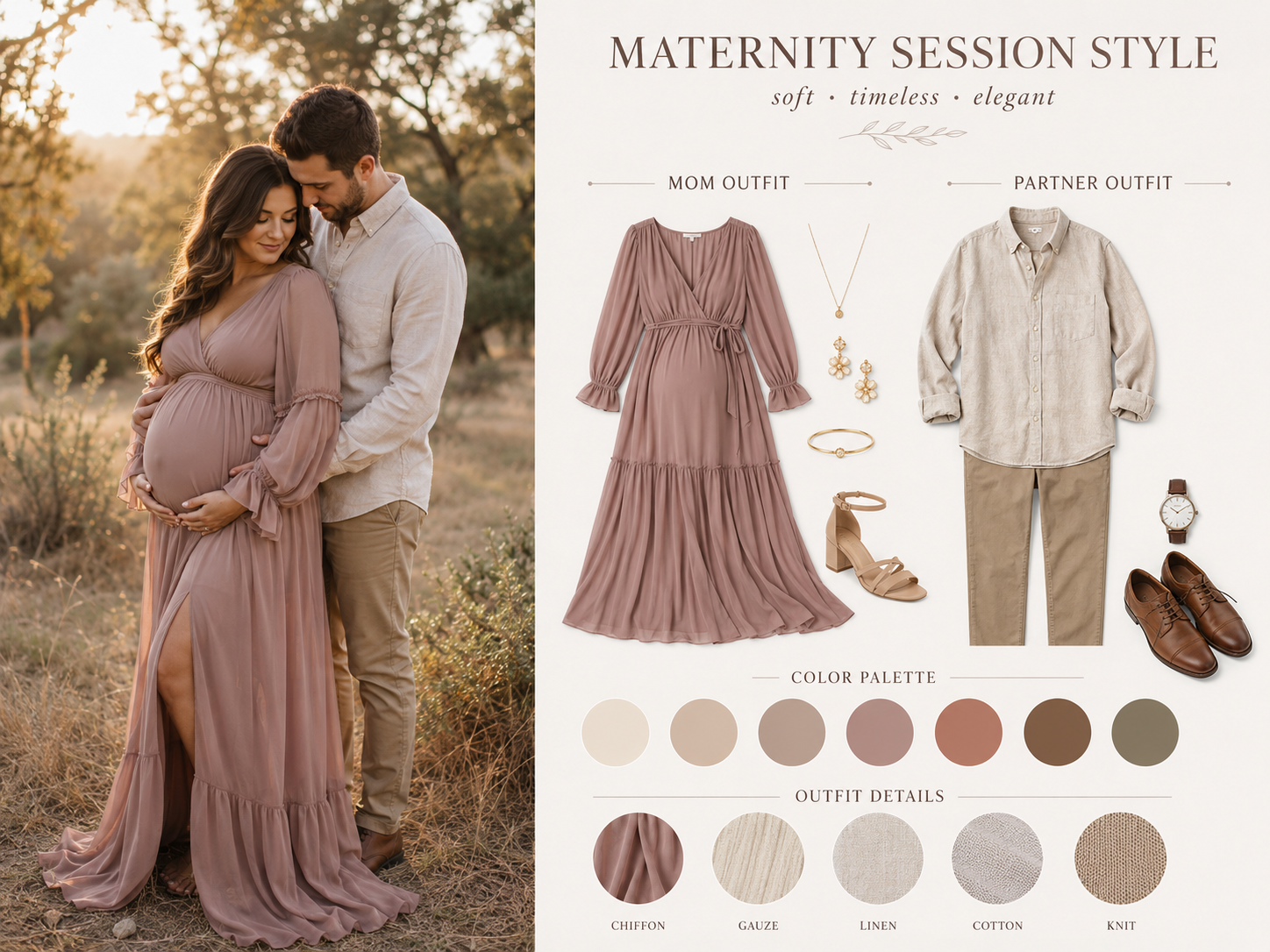 Maternity session style guide featuring a dusty rose maxi dress, neutral partner outfit, color palette swatches, and outfit details.