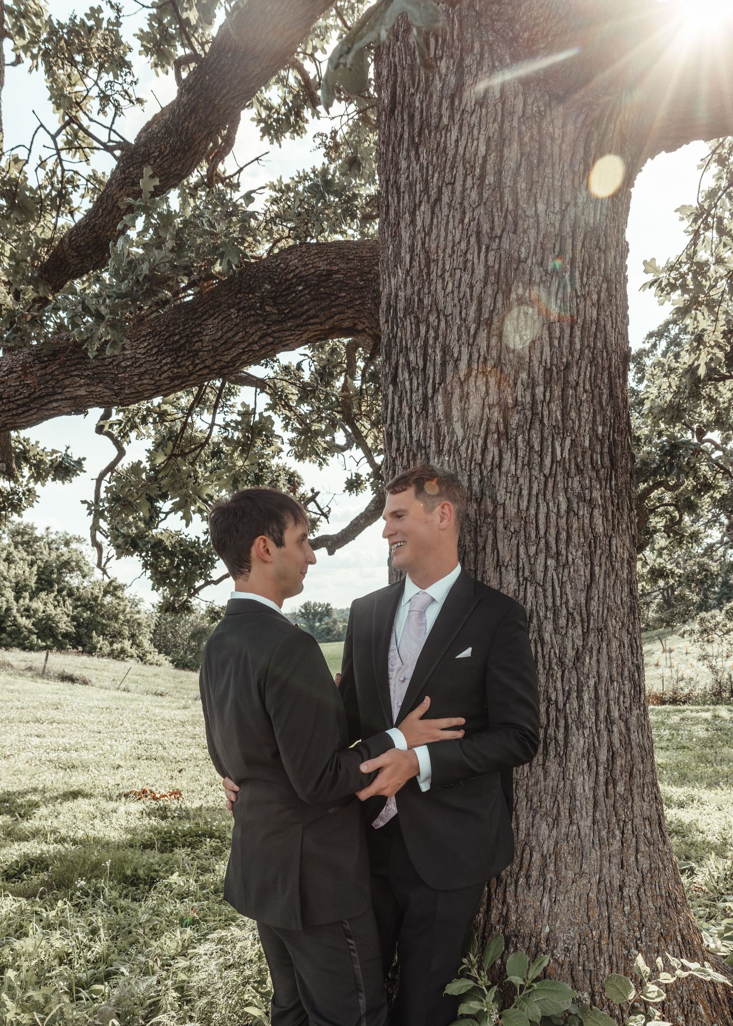 Two grooms in dark suits share an intimate moment beside a large oak tree on their wedding day.