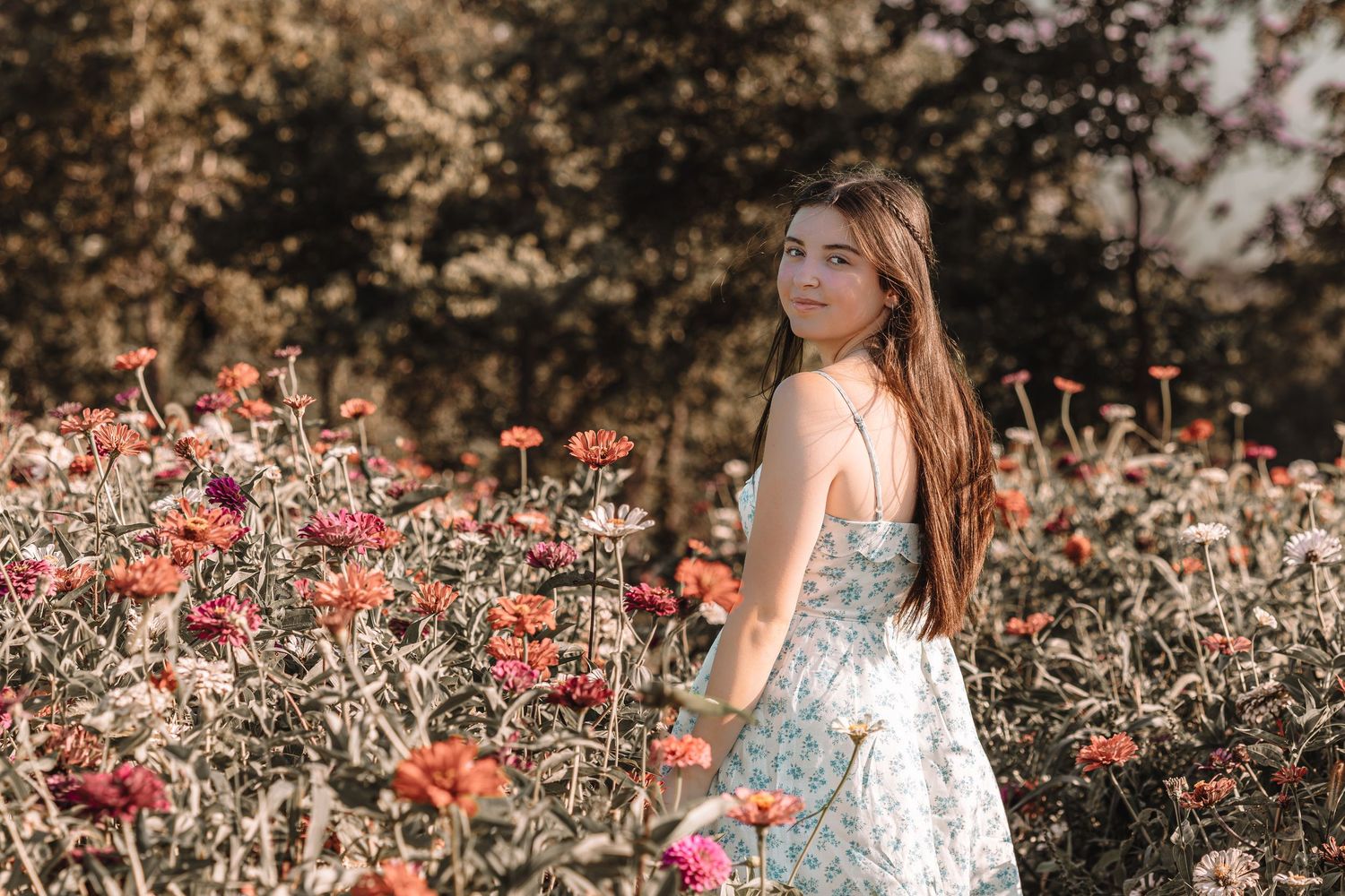 A dreamy summer portrait in a field of red and white wildflowers during golden hour.
