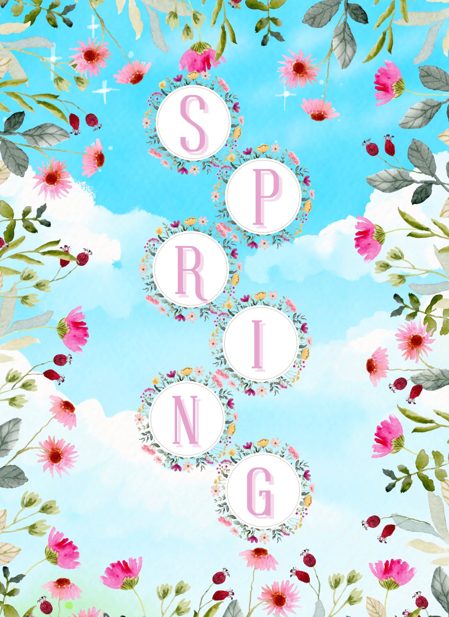 Seamless floral pattern with pink flowers, green leaves and white circular frames on light blue background.