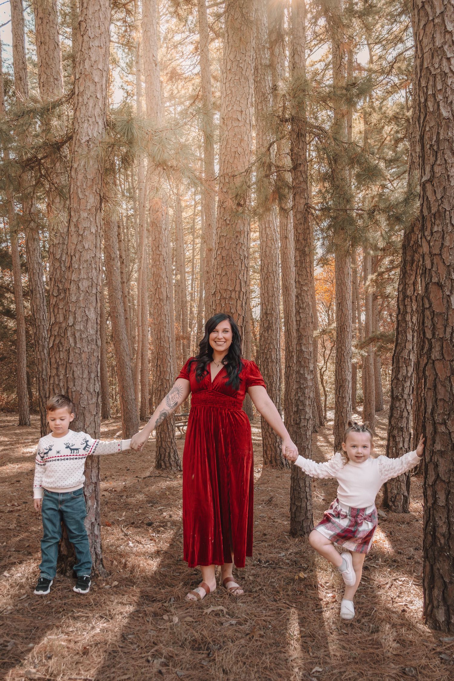 A series of five photos showing children and a figure in a red velvet dress playing among tall pine trees in a forest.