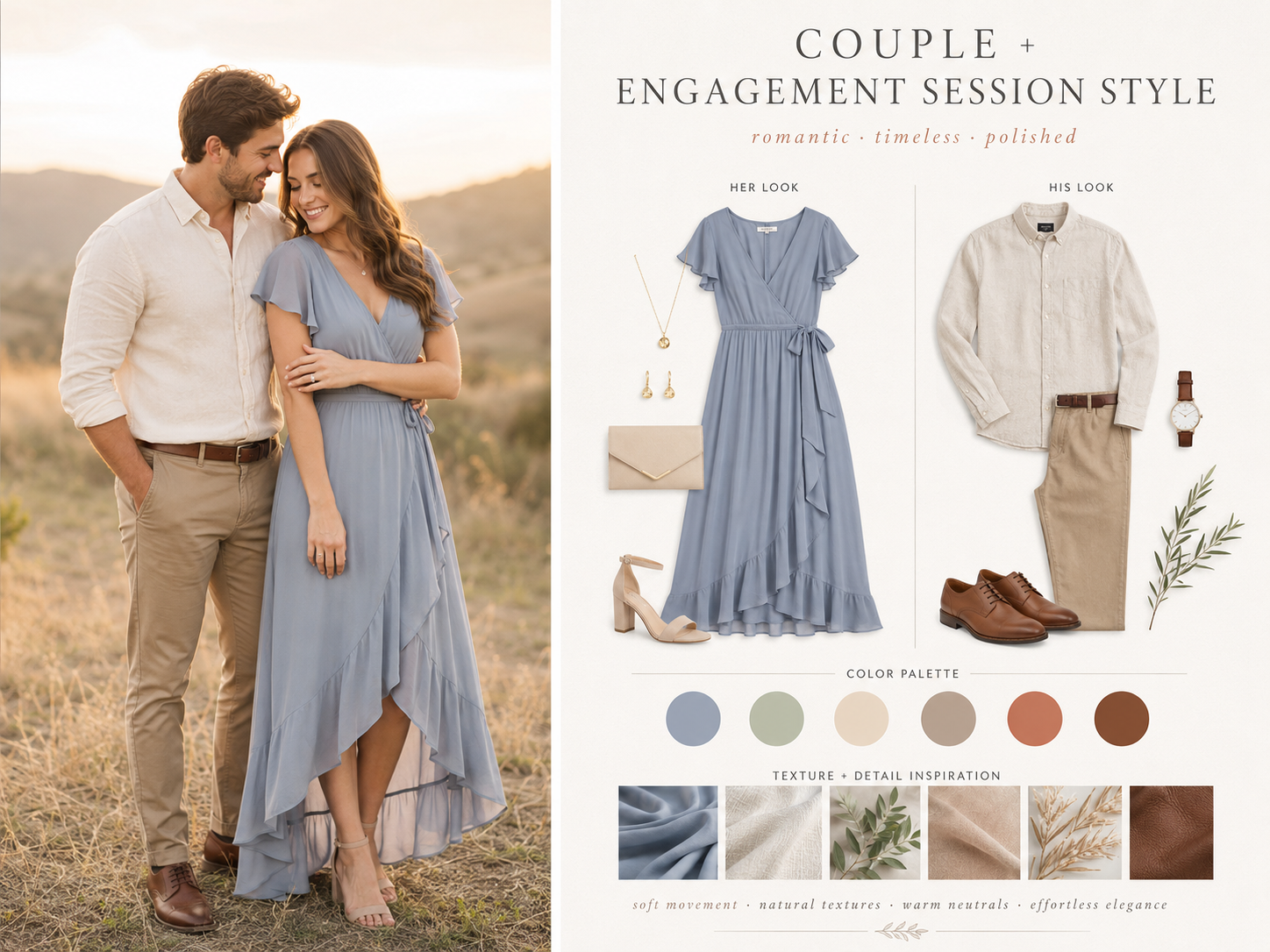 Couple in dusty blue and neutral tones for engagement session style guide with color palette and outfit inspiration.