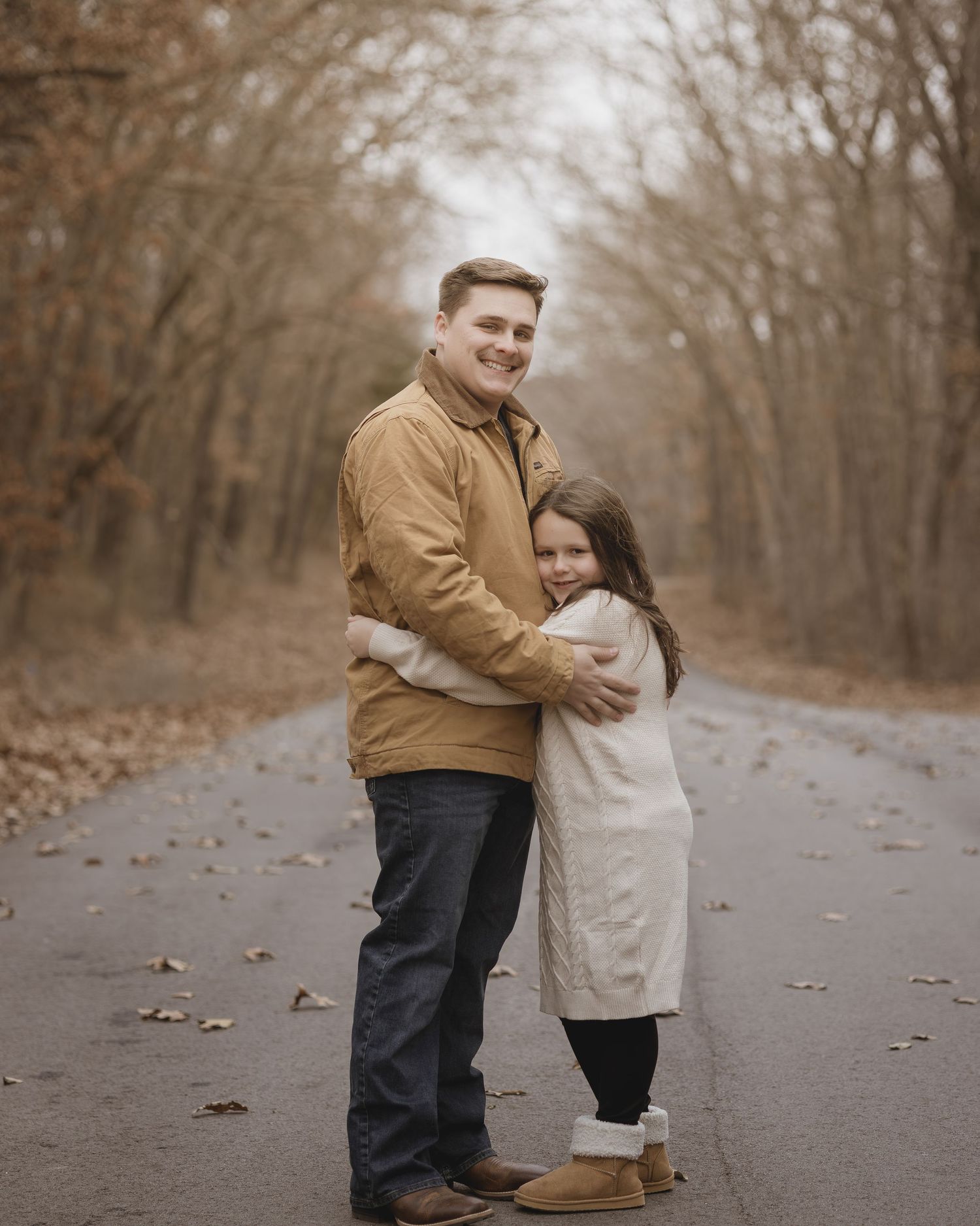 A series of tender moments captured on a tree-lined path during an autumn day.