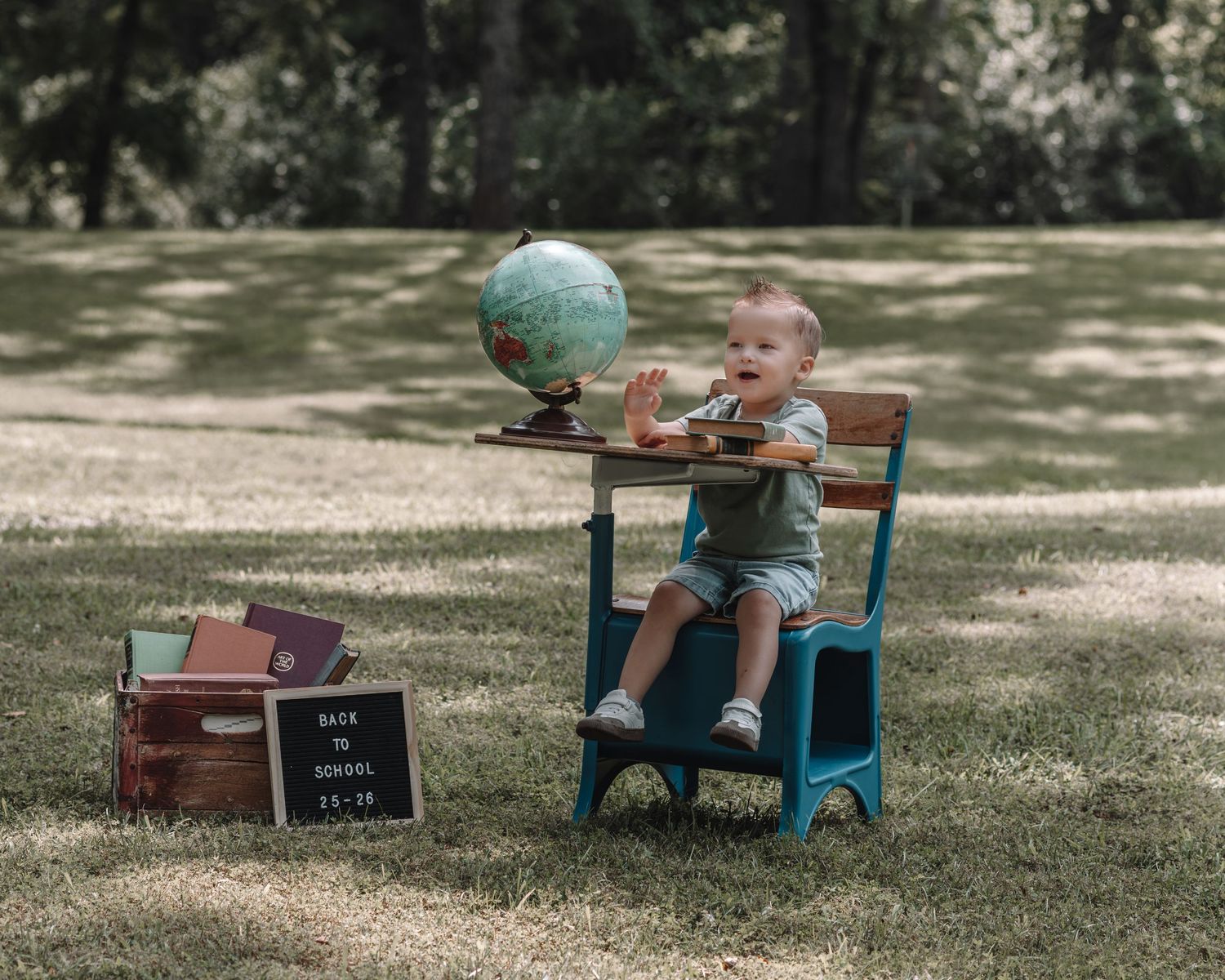 A series of outdoor photos showing a turquoise chair and brown bench arranged on a grassy lawn in dappled sunlight.