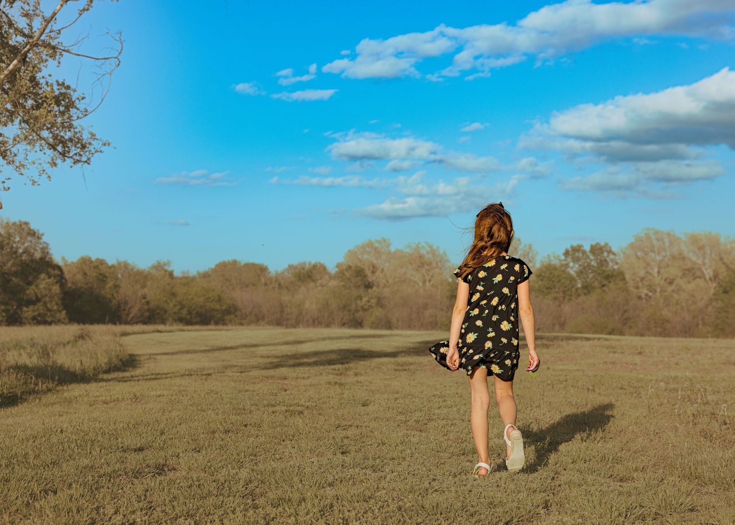 Young girl in floral dress walking through open grassy field under blue sky with scattered clouds and trees.