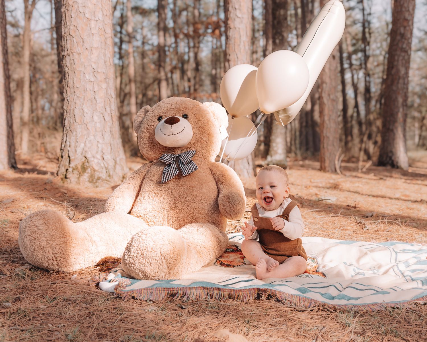 A beige teddy bear sits in various poses on a forest trail covered in brown pine needles.