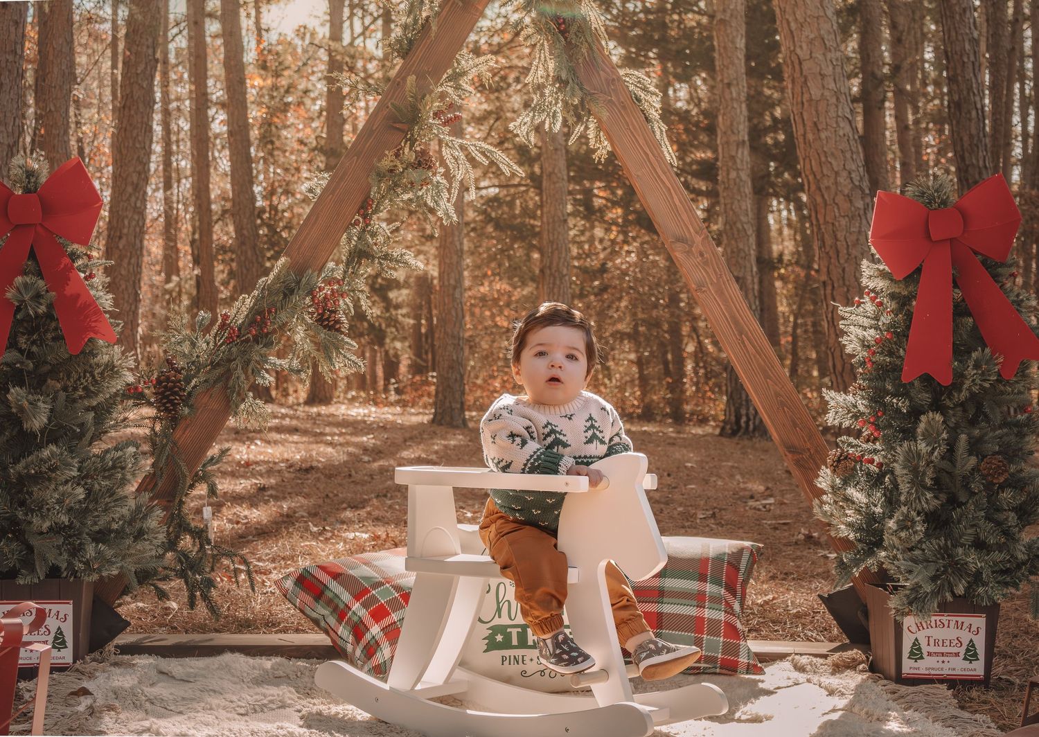 Rustic holiday photo setup in woods with wooden triangle arch, plaid blanket, rocking horse and red bows.