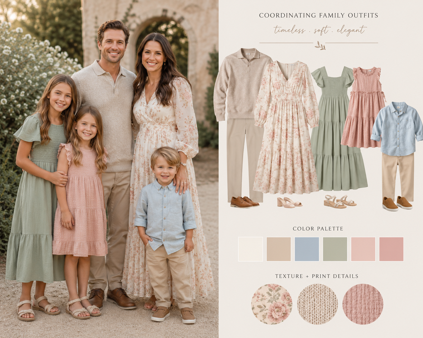 Family of five in coordinating soft pastel outfits, featuring floral, sage green, pink, and tan tones for timeless elegant photos.