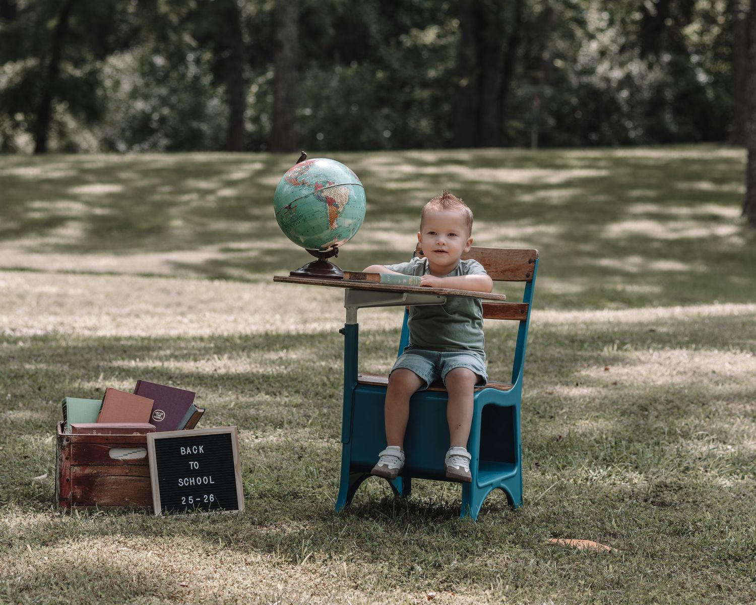 Multiple views of a turquoise chair and wooden bench setup in a peaceful garden setting under tree shade.