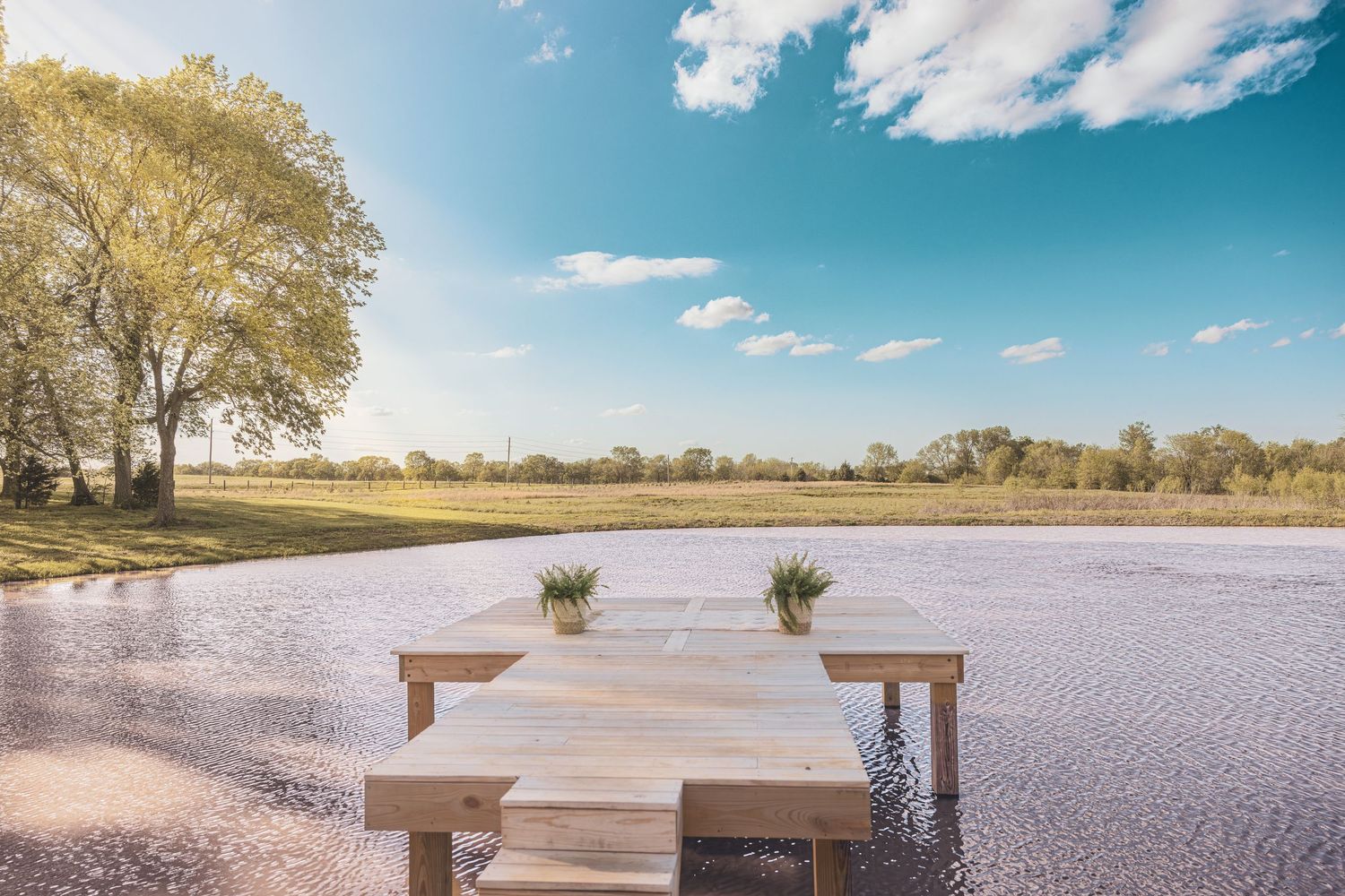 Wooden dock extending into a calm pond with potted plants, surrounded by lush green fields and trees under a blue sky.