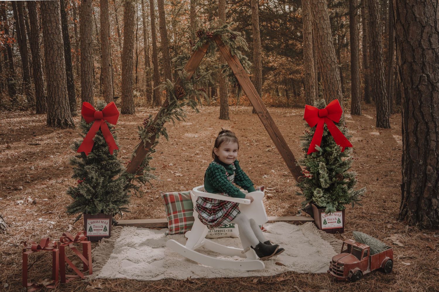 A series of winter holiday photos shows festive outdoor decorations and scenes in a wooded setting with snow and red bows.