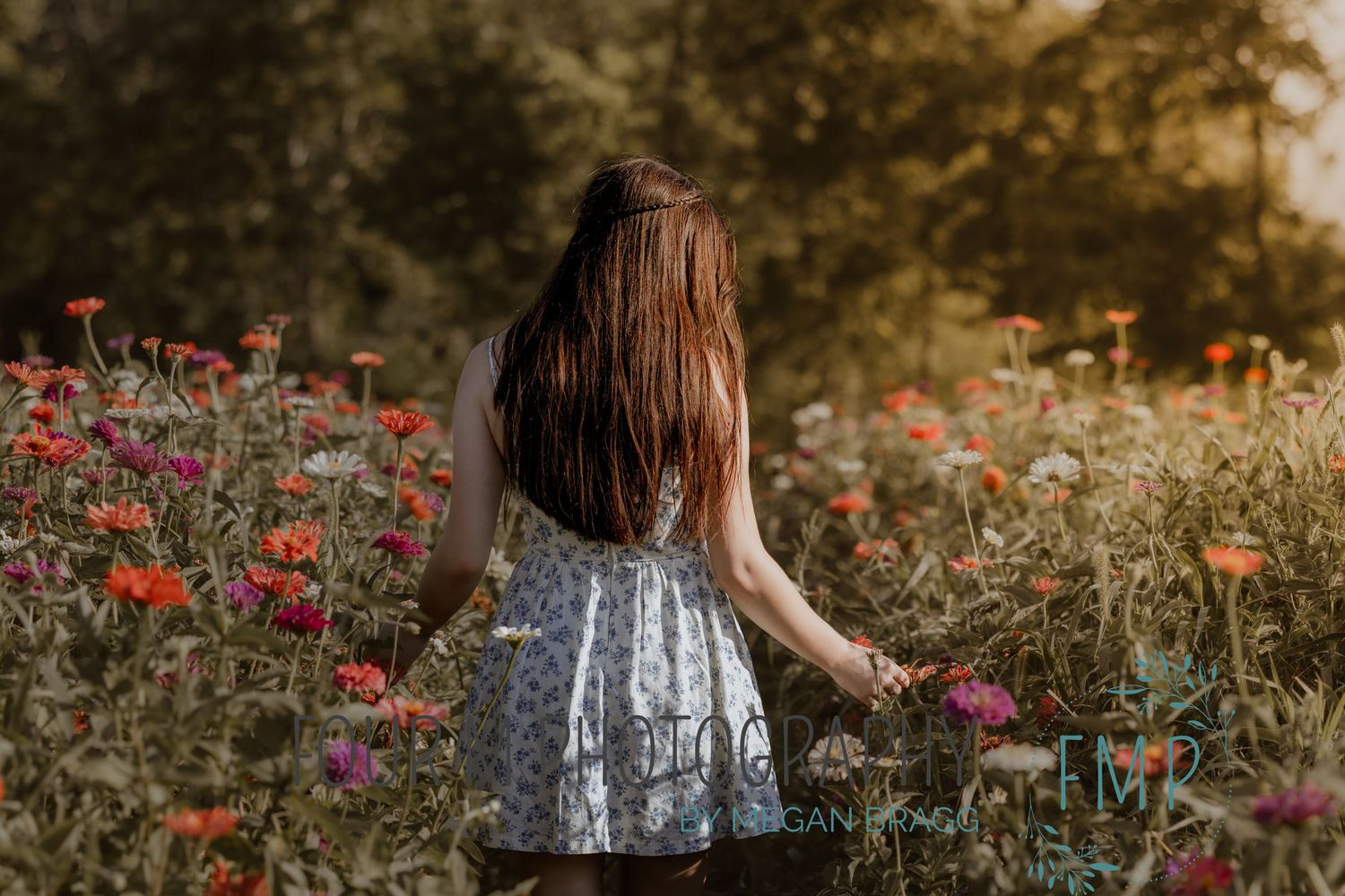 Someone in a polka dot dress stands among vibrant red wildflowers in a dreamy summer meadow at golden hour.