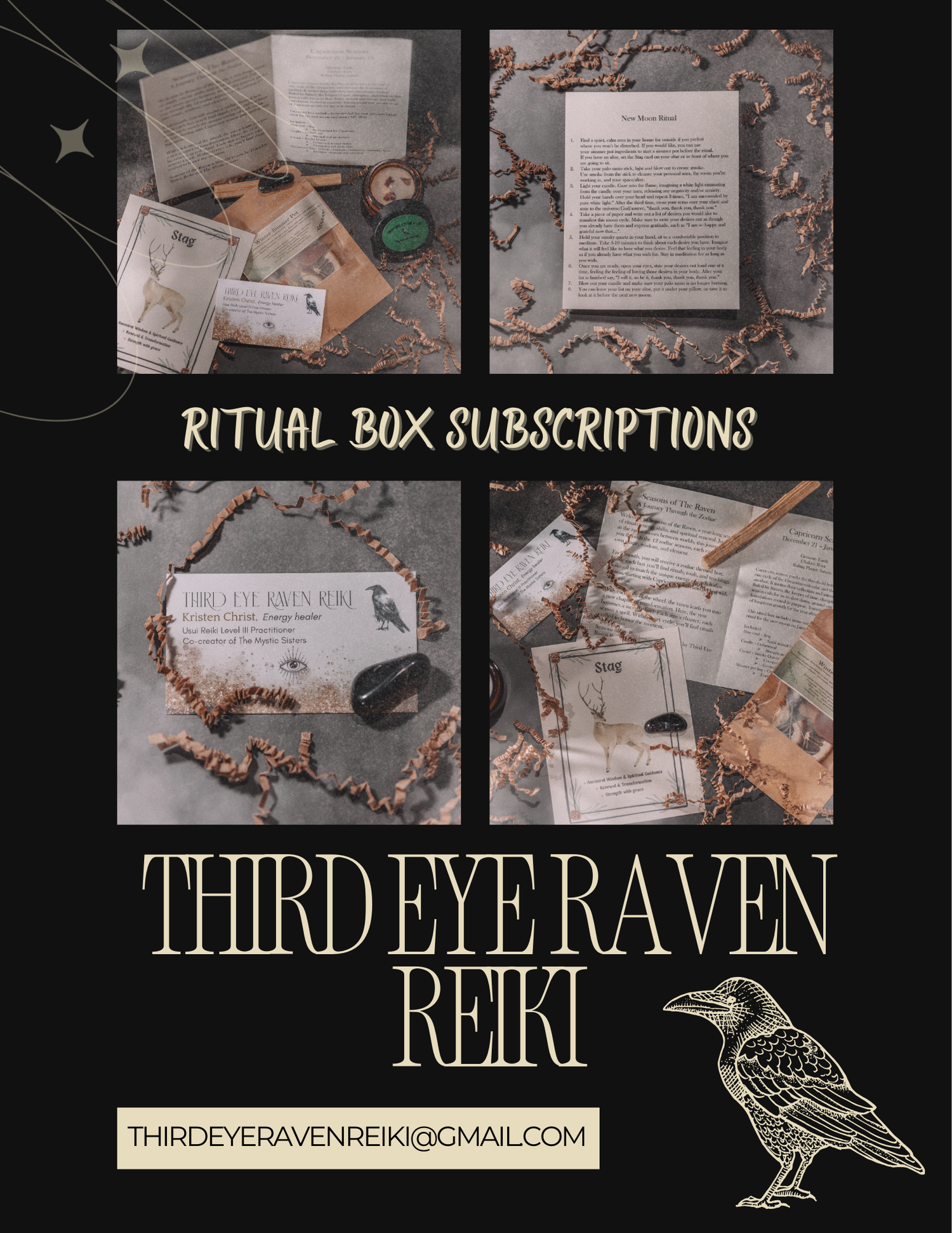 Third Eye Raven Reiki ritual box subscription featuring crystals, tarot cards, and mystical items arranged on a dark background.