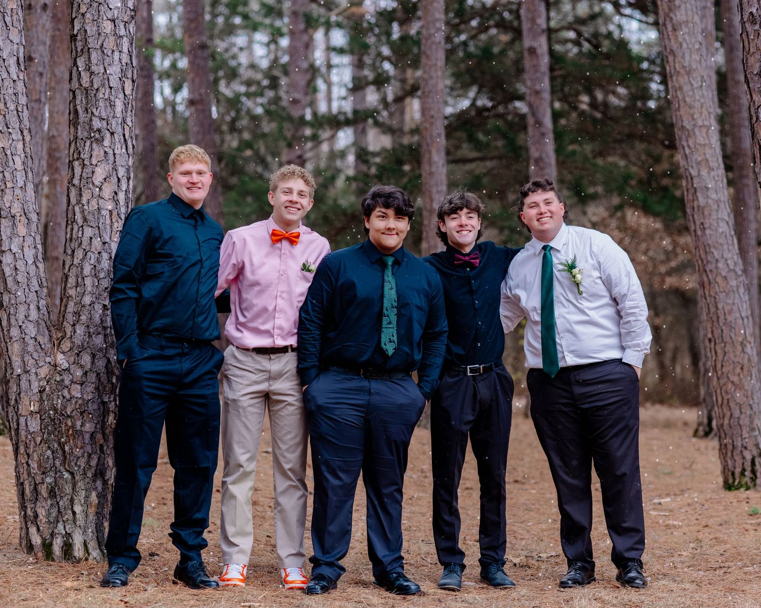 A group of five people in formal wear stand together among tall pine trees for a special occasion photo.